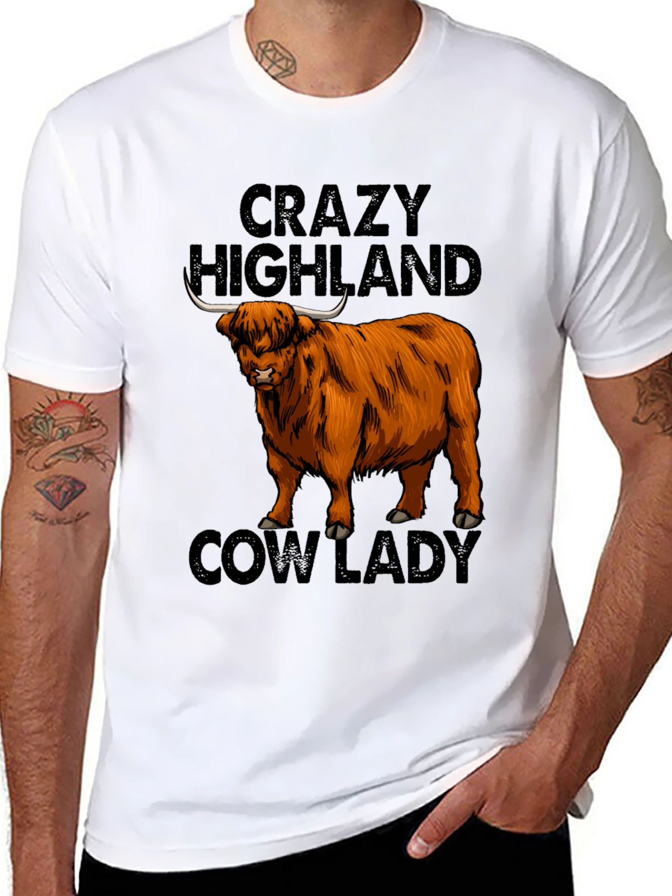 Black Crazy Highland Cow Lady T-Shirt view 8