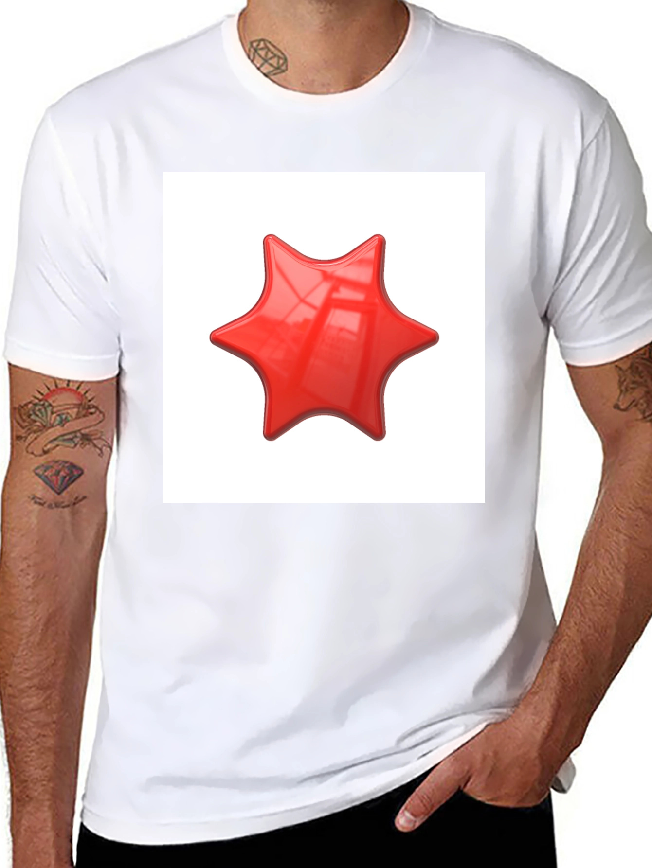Black Black T-Shirt with Red Star Graphic Print view 8