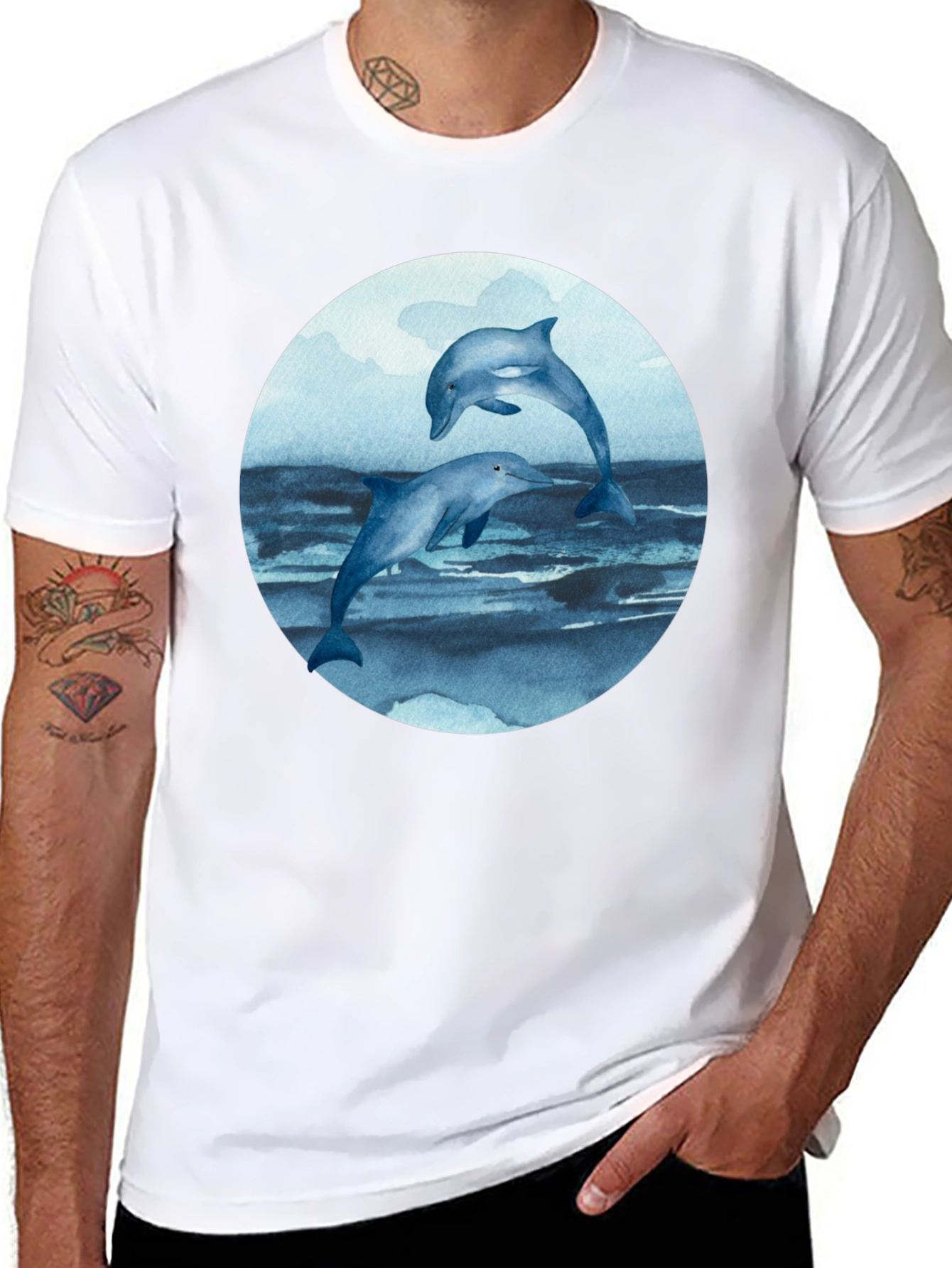 Black Dolphin T-Shirt - Round Print - Marine Life Tee view 8