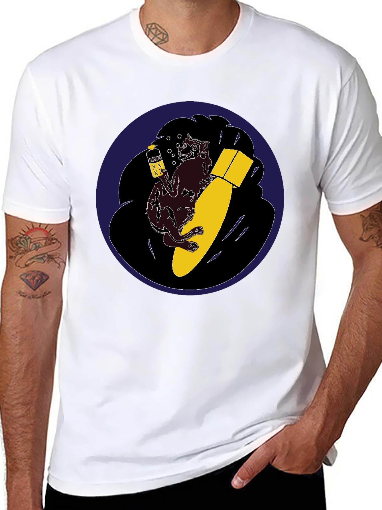 Black Novelty Graphic Tee - Wolf Bomb Design Black T-Shirt view 8