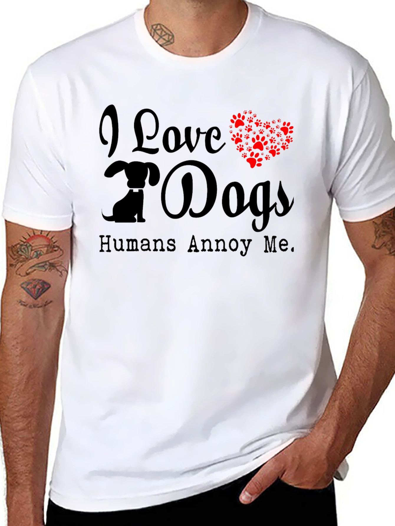 Black I Love Dogs T-Shirt - Humans Annoy Me - Dog Paw Print Heart view 8