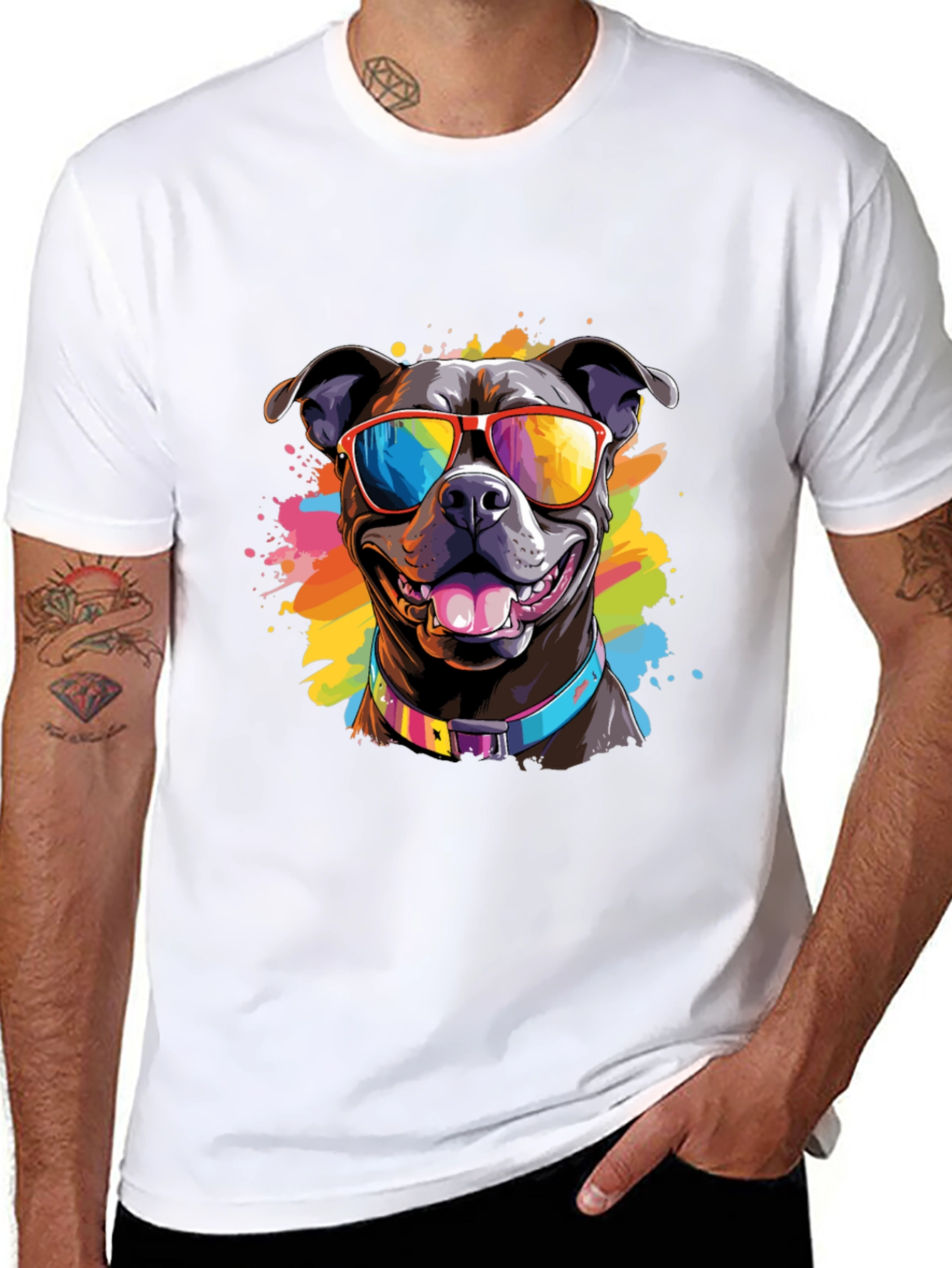 Black Cool Dog T-Shirt - Colorful Pitbull Sunglasses Tee view 8