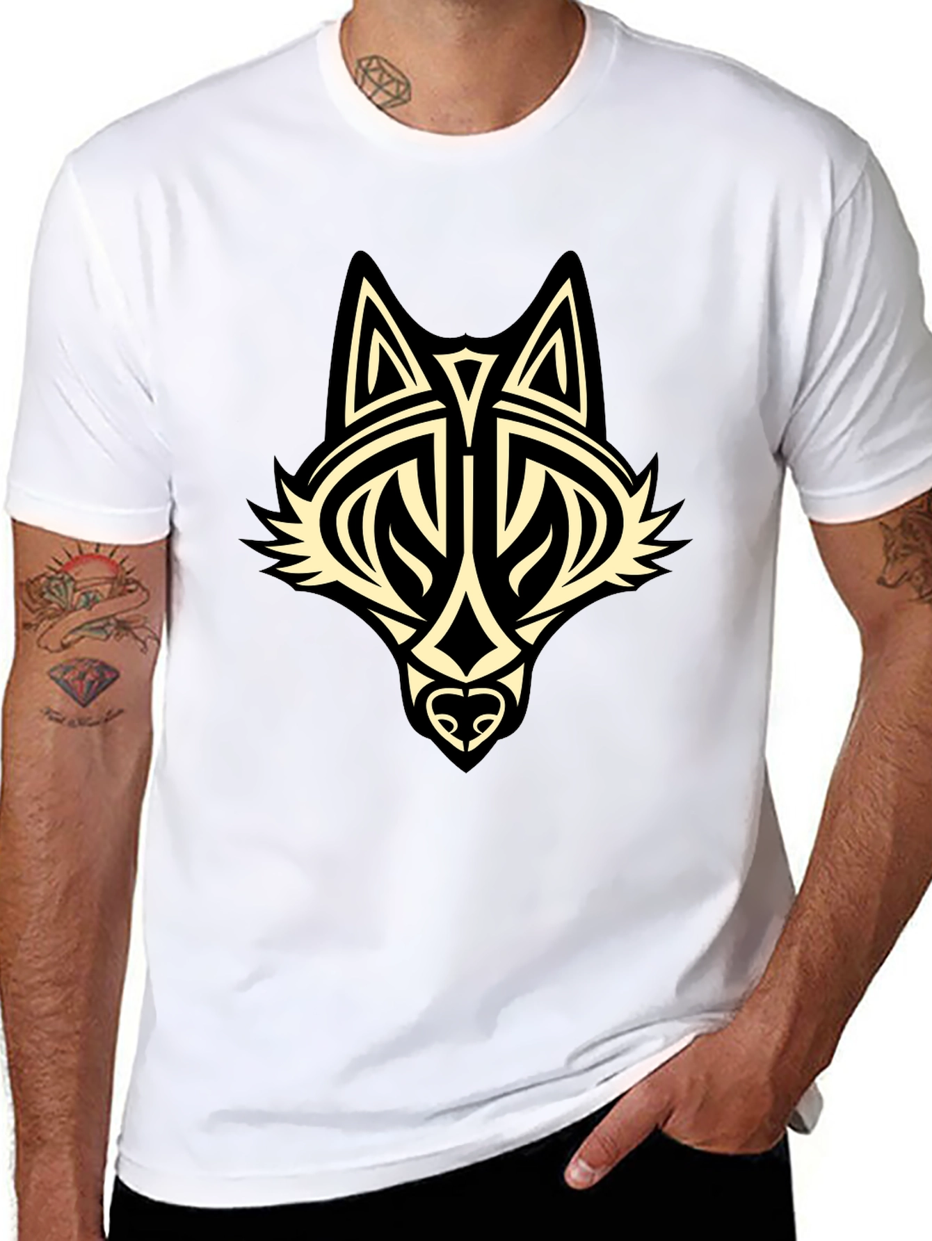 Black Tribal Wolf Graphic Black T-Shirt view 8