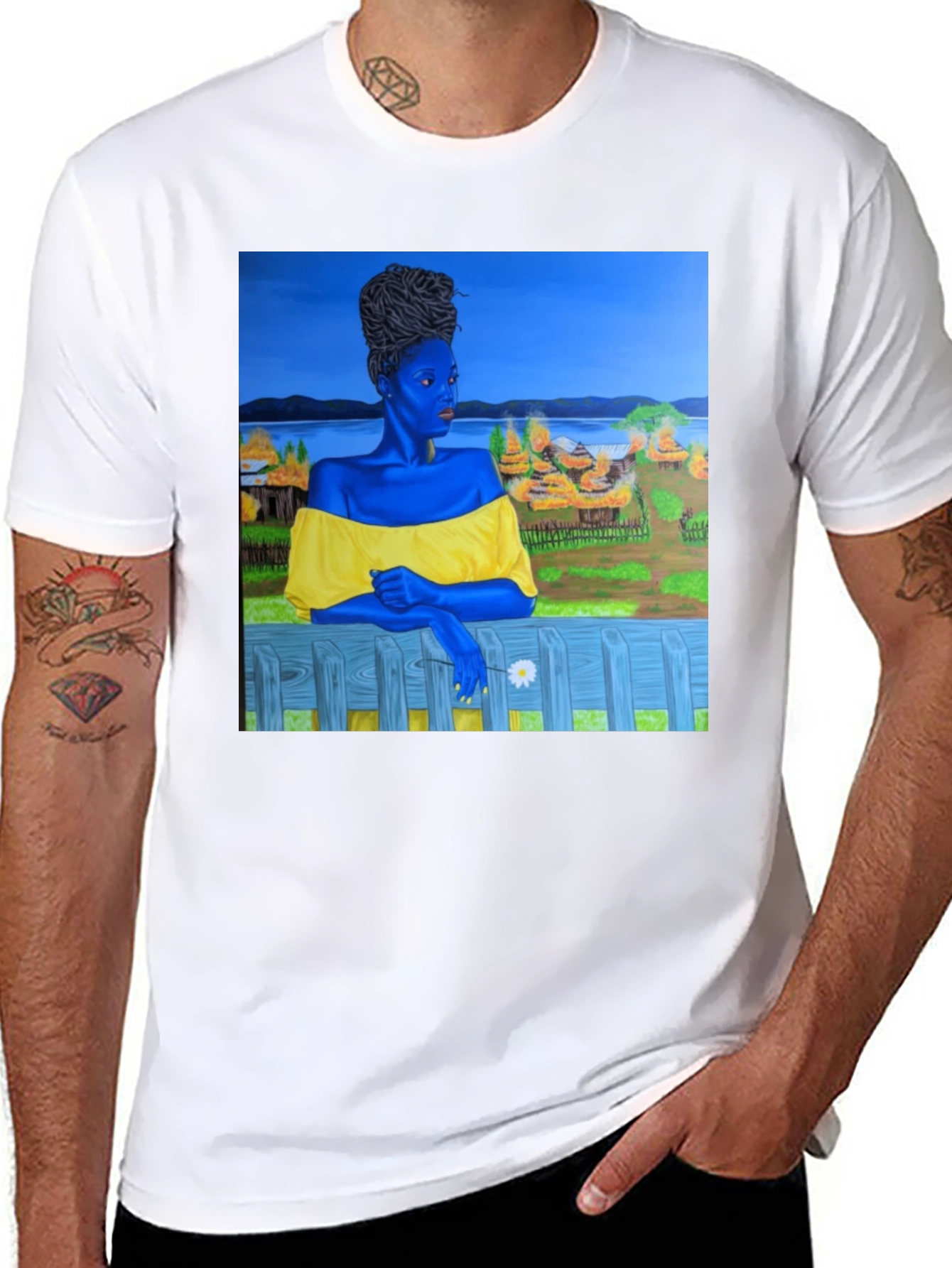 Black Black T-Shirt with Artistic Portrait Print view 8