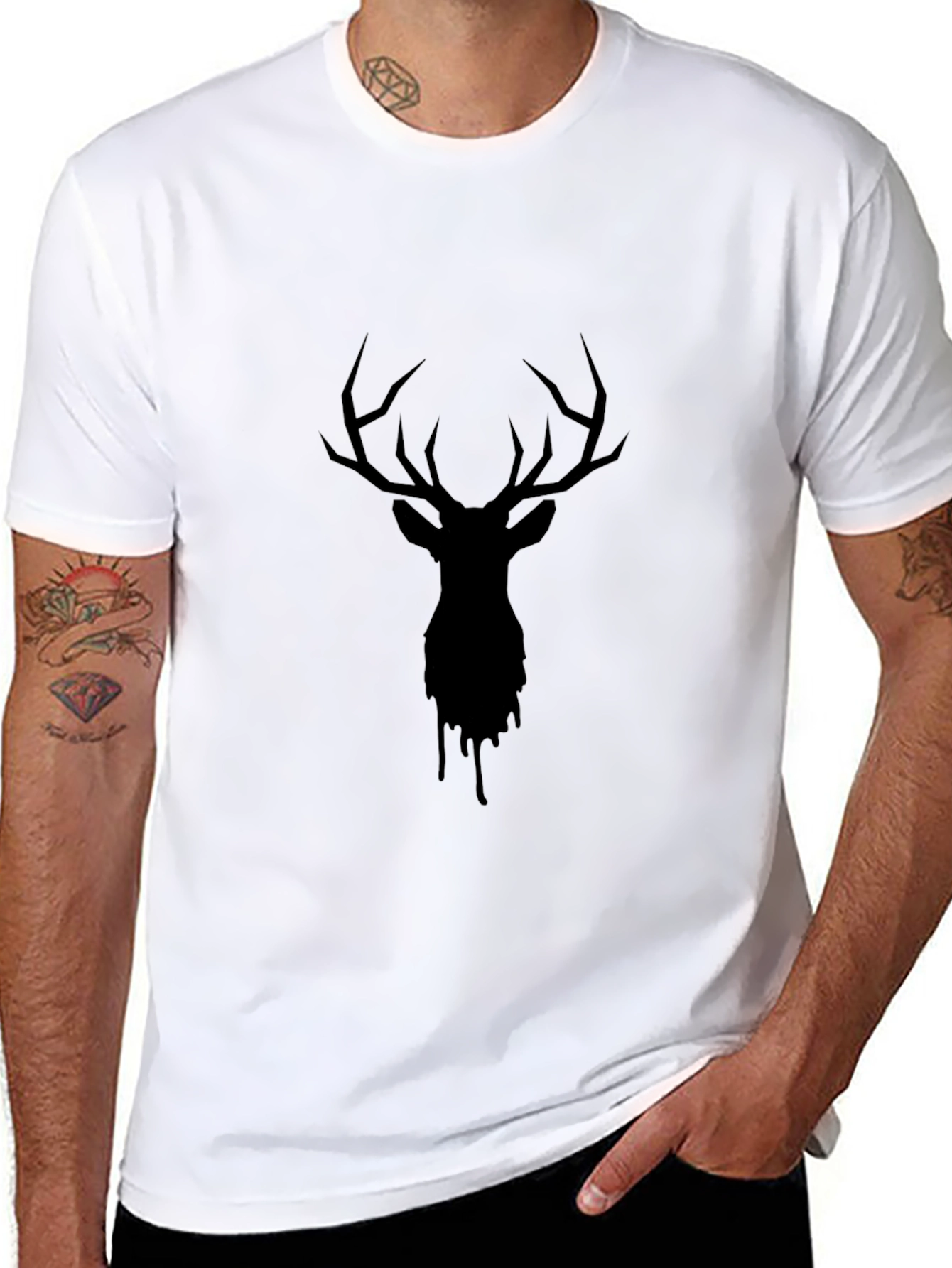 Black Men's Black Deer Head Graphic Print Crew Neck T-Shirt view 8