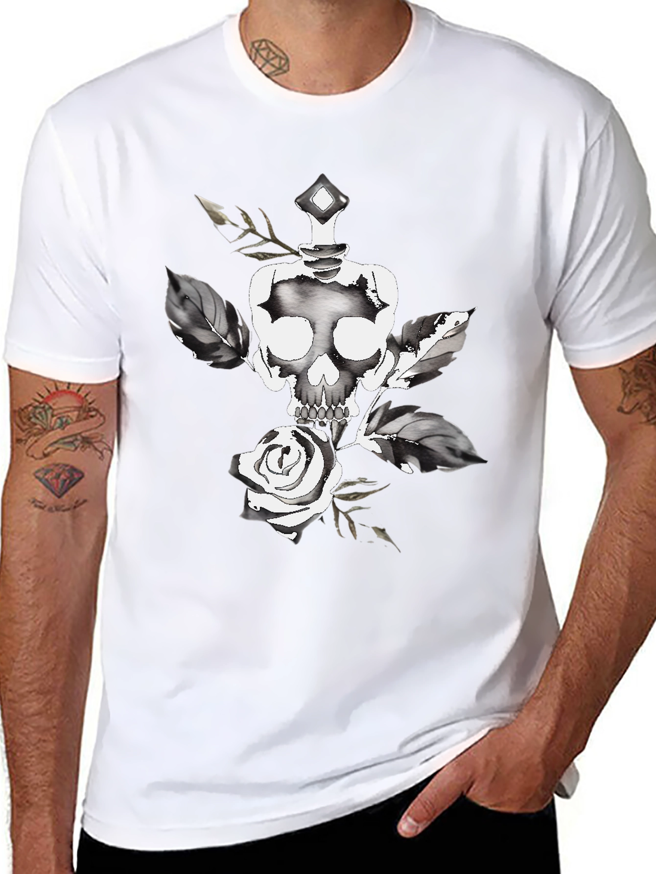 Black Skull & Rose Graphic Tee - Stylish Black Cotton T-Shirt view 8