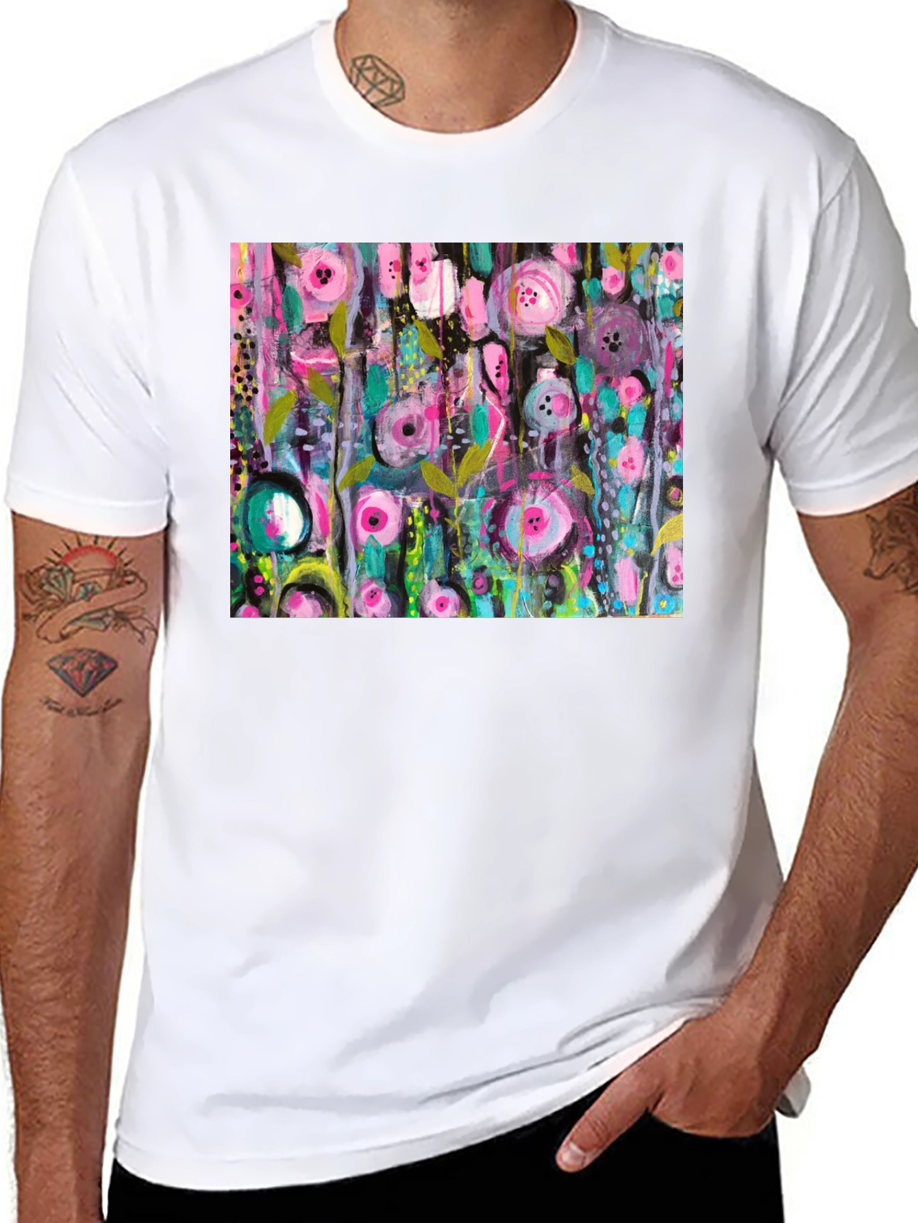 Black Abstract Floral Print Black T-Shirt view 8