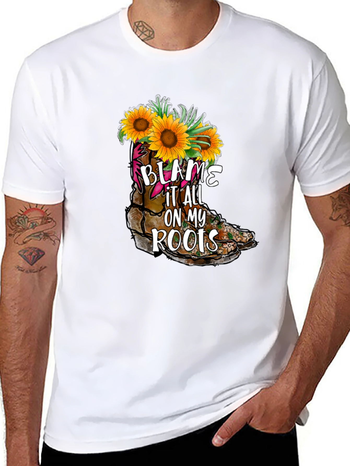 Black Blame It All On My Roots Sunflower Boot T-Shirt view 8
