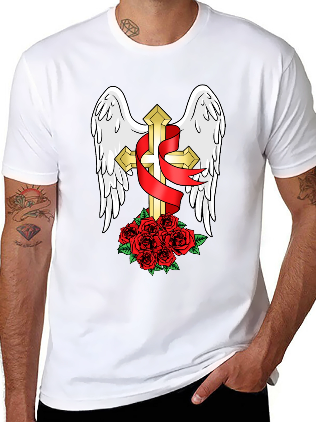Black Winged Cross & Roses T-Shirt - Stylish Graphic Tee view 8