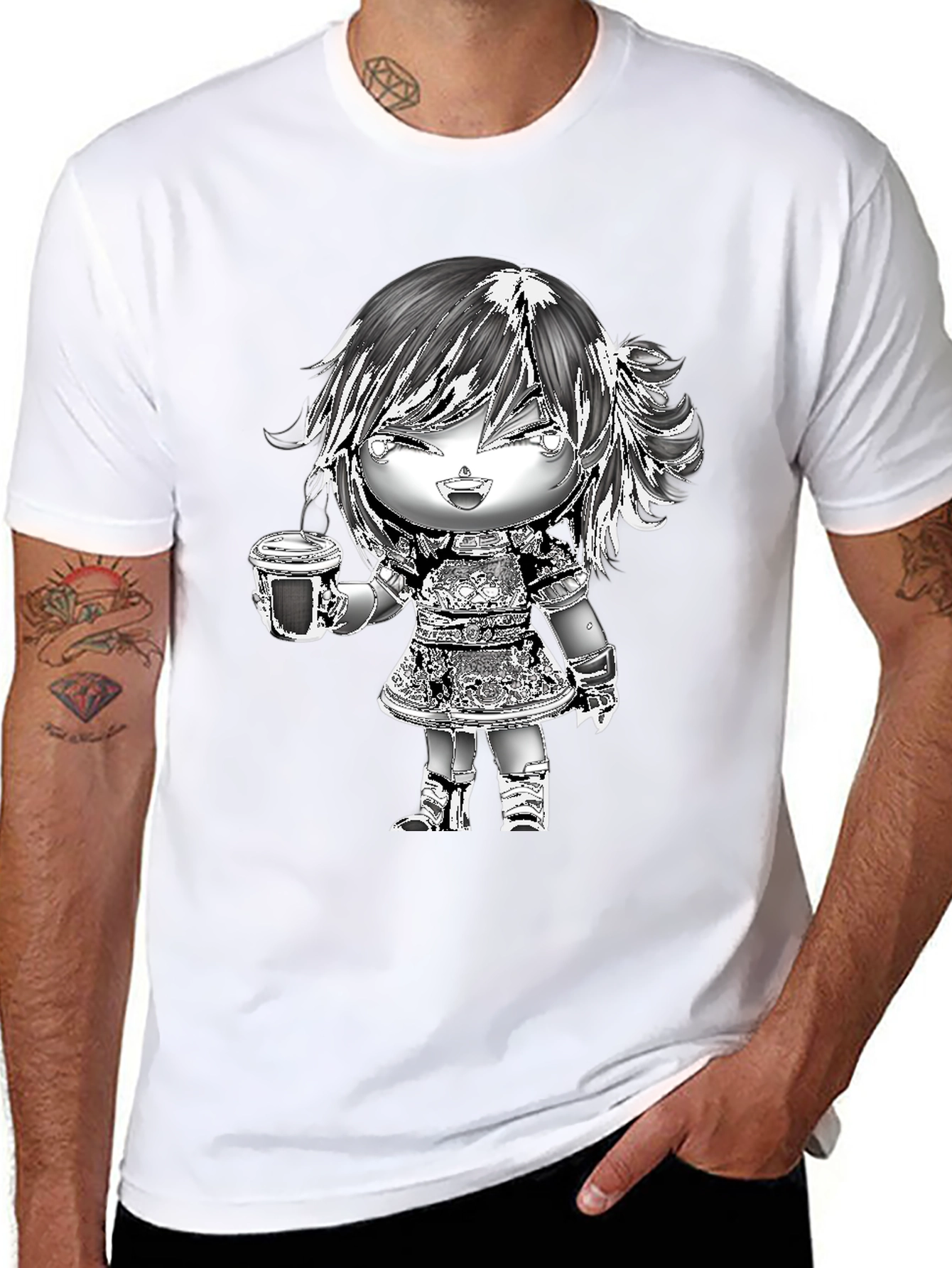 Black Anime Girl Coffee T-Shirt - Black Cotton Tee view 8