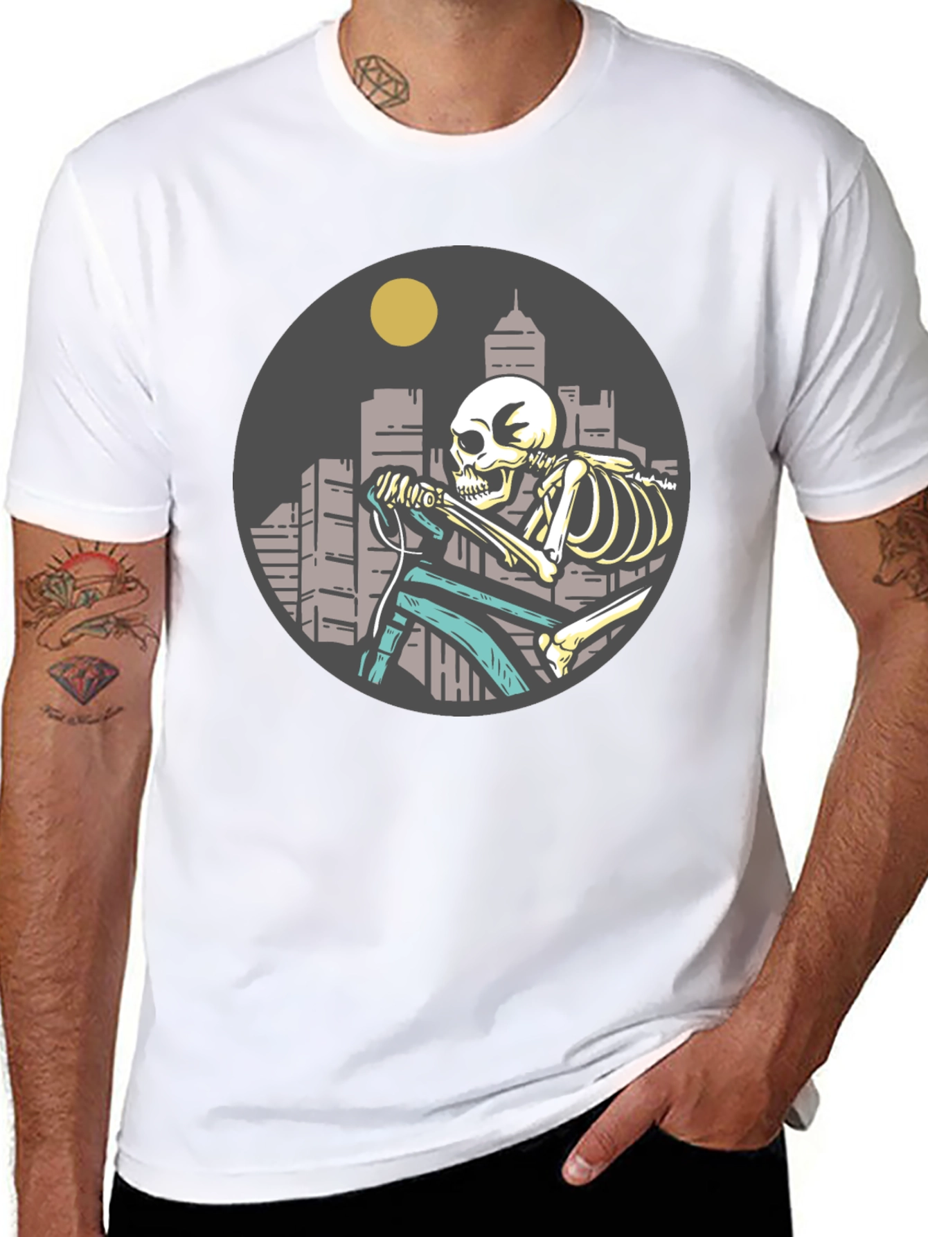 Black Skeleton Riding Bike T-Shirt - Cityscape Design view 8