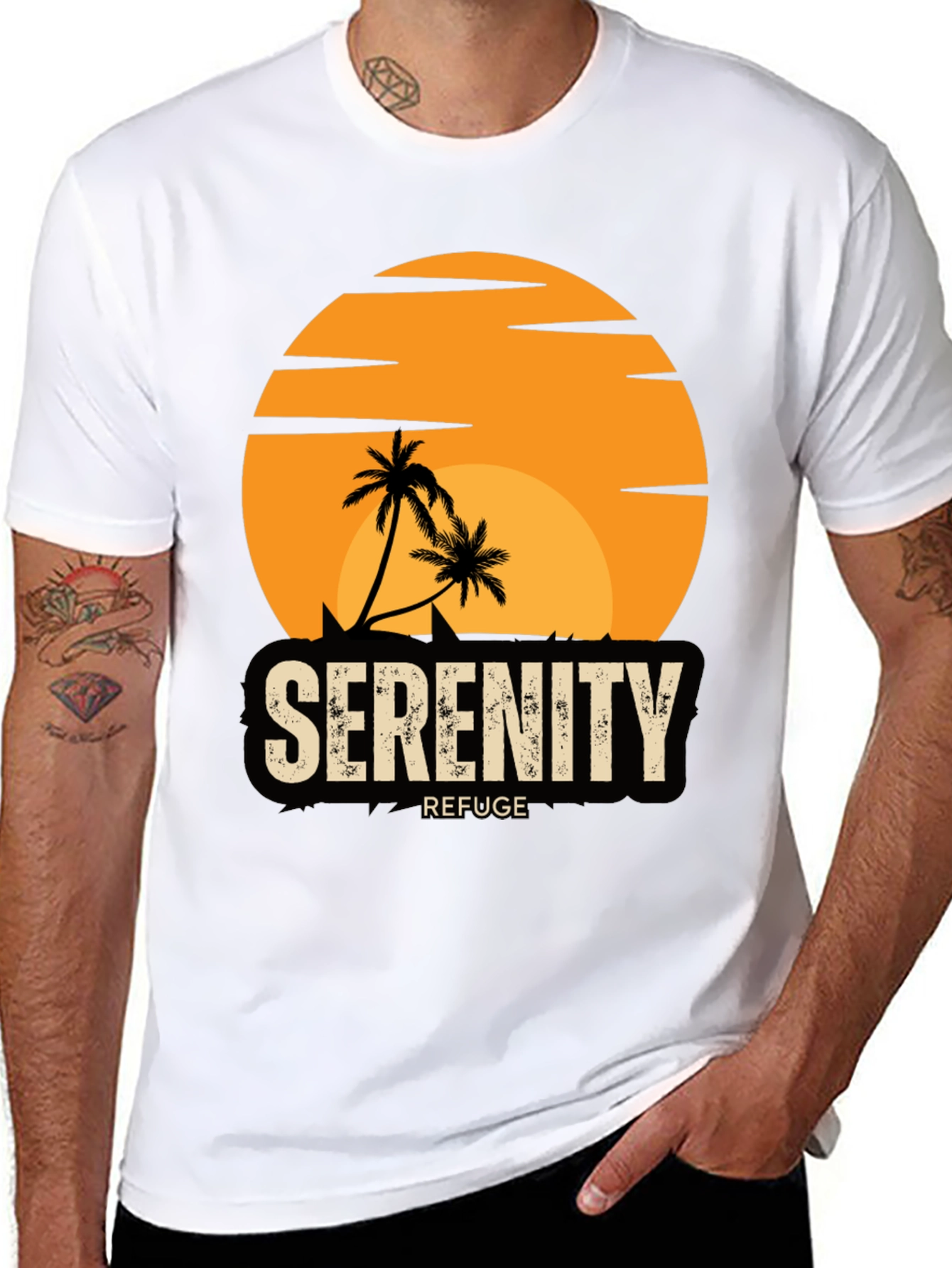 Black Serenity Refuge T-Shirt - Tropical Palm Tree Sunset Tee view 8
