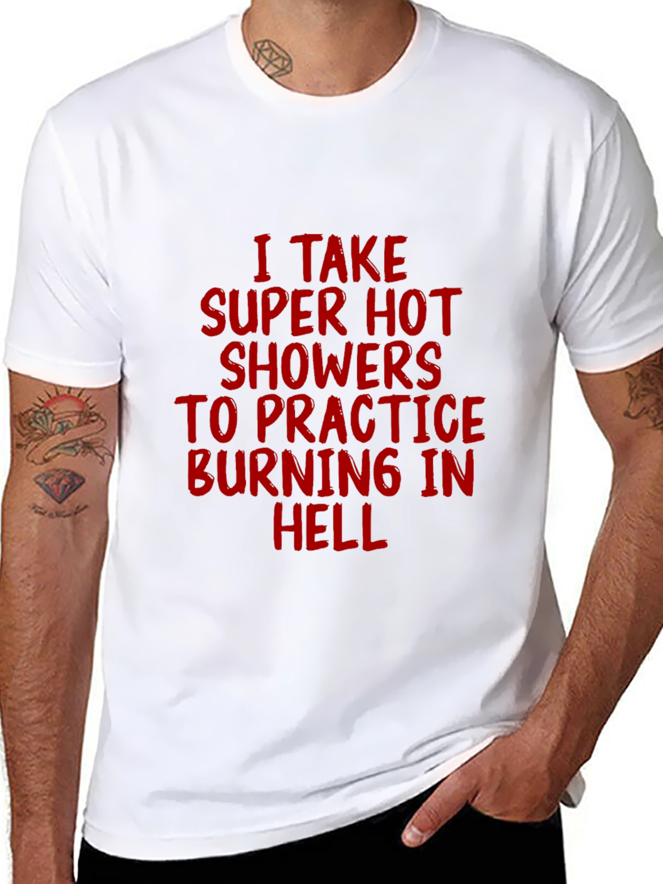Black Super Hot Showers Burning in Hell T-Shirt view 8