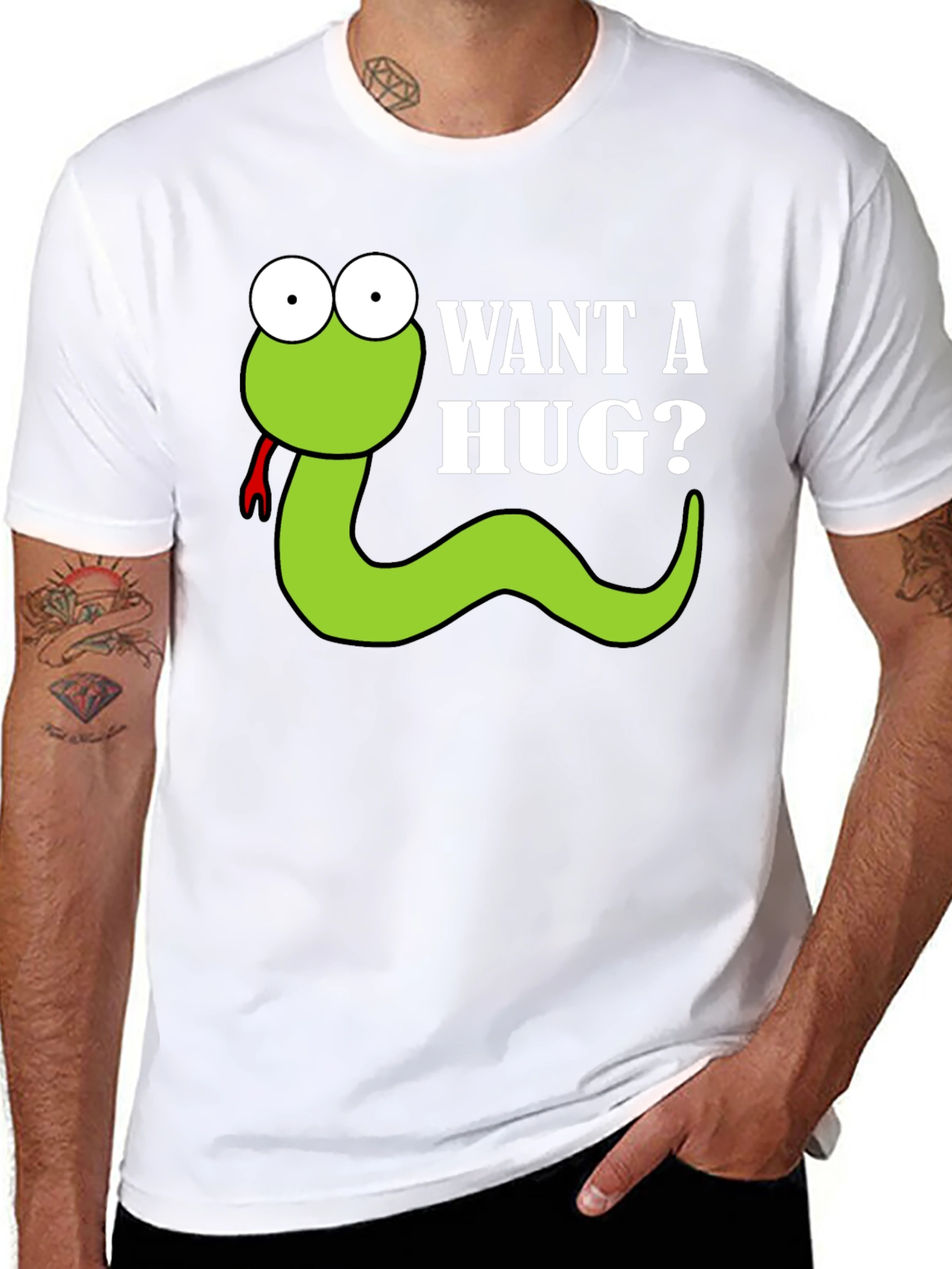 Black Want a Hug? Funny Snake Cartoon Graphic T-Shirt view 8