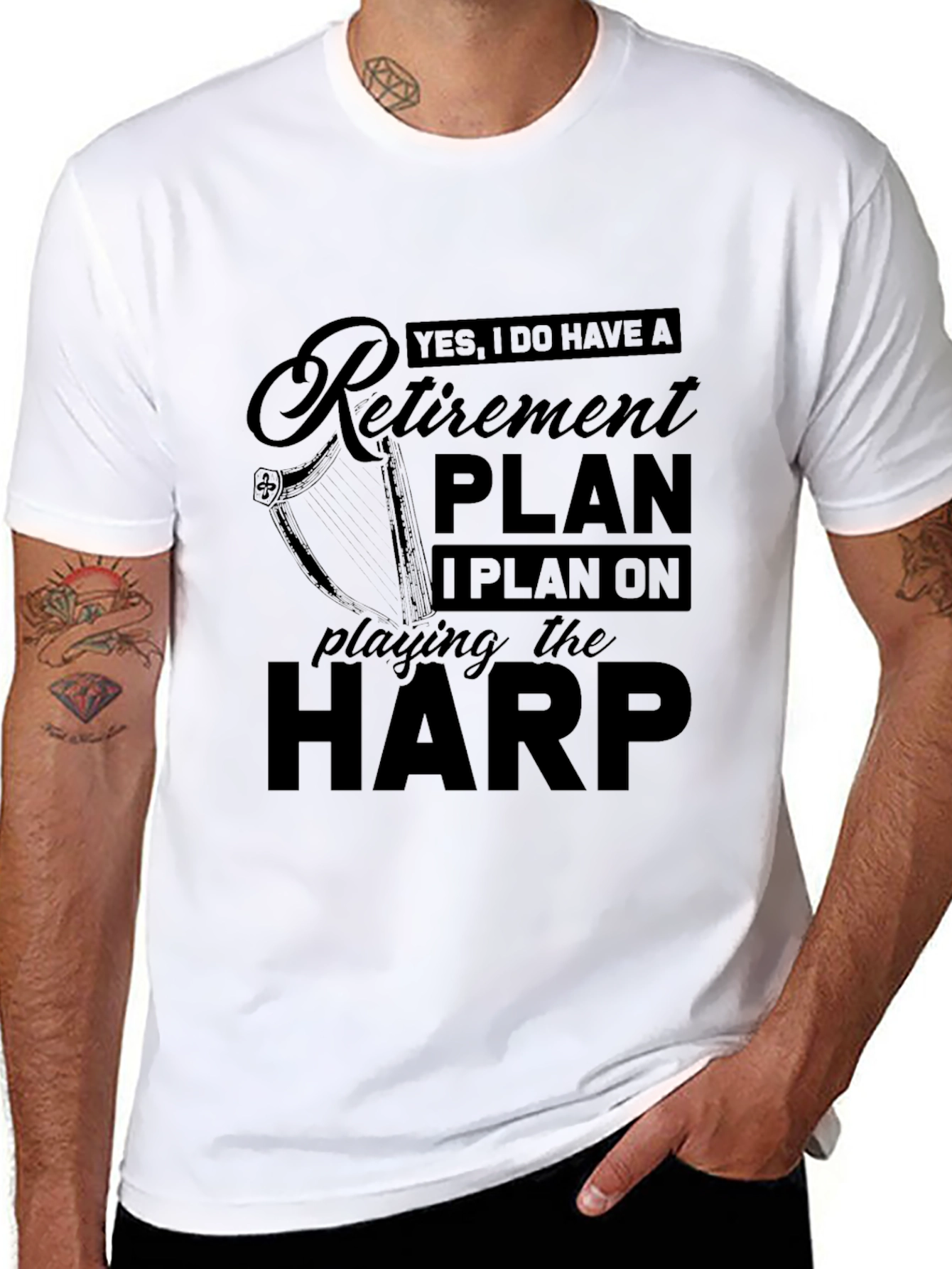 Black Retirement Plan Harp Player Black T-Shirt view 8