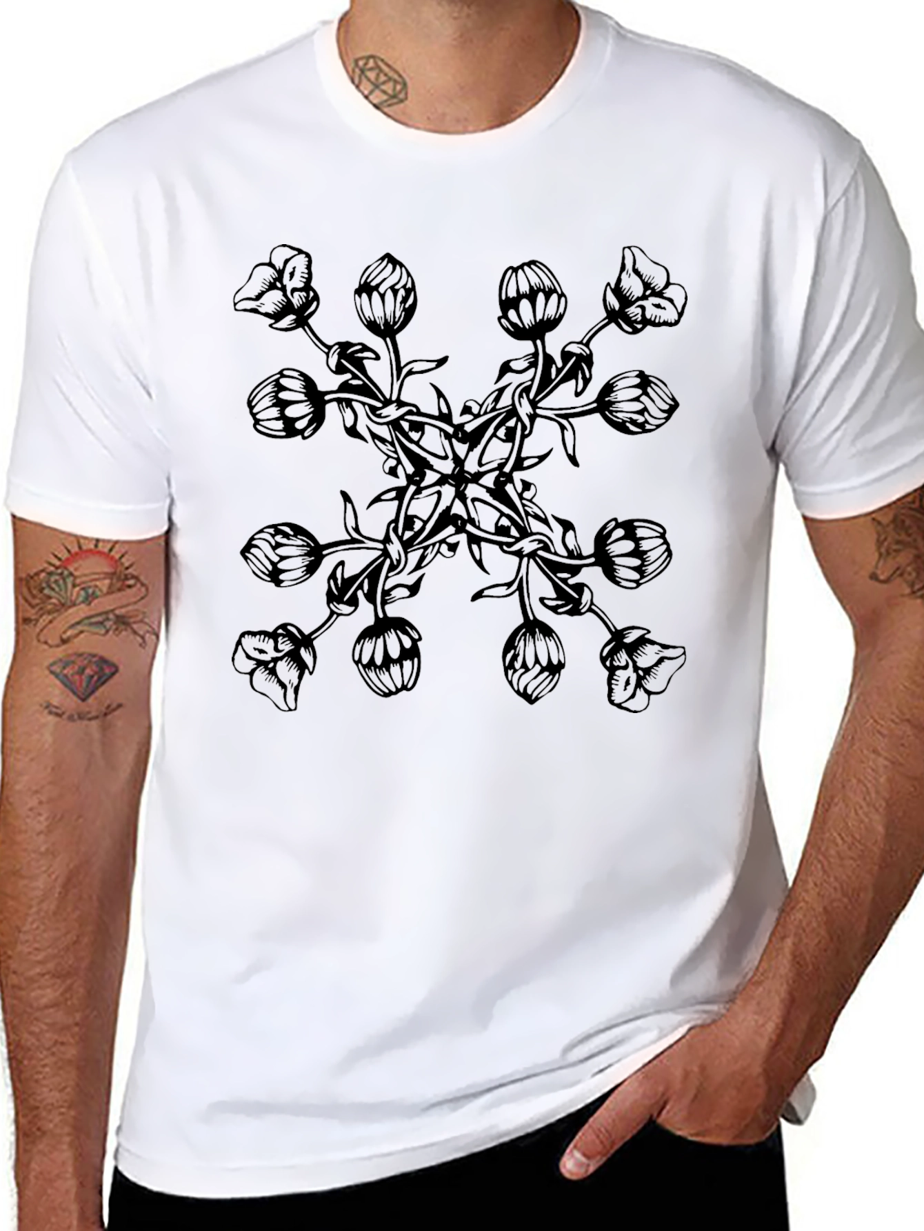 Black Floral Mandala T-Shirt - Elegant Black Graphic Tee view 8