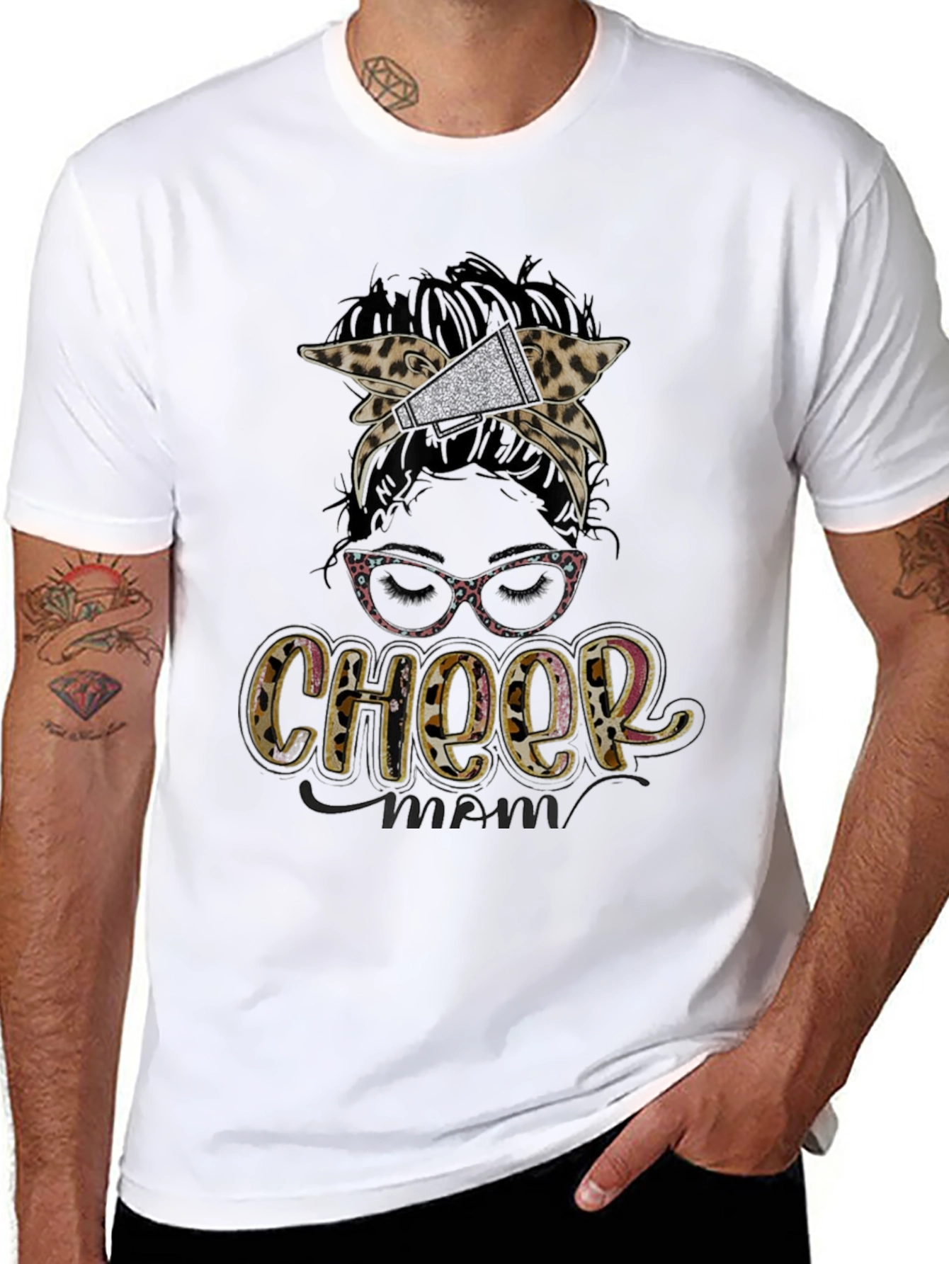 Cheer Mom Messy Bun Leopard Print T-Shirt - 8