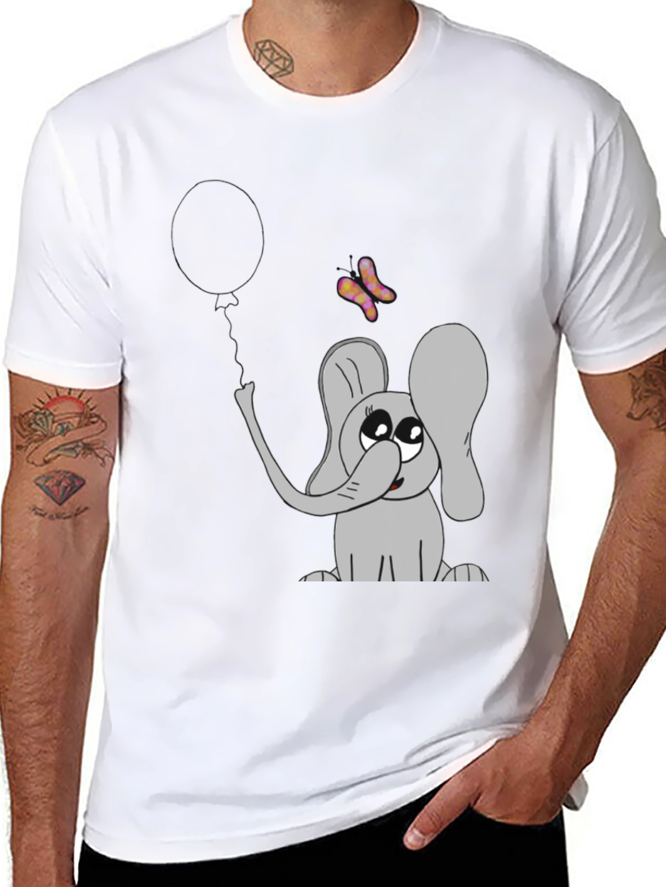 Black Cute Elephant Graphic Tee - Balloon & Butterfly Design view 8