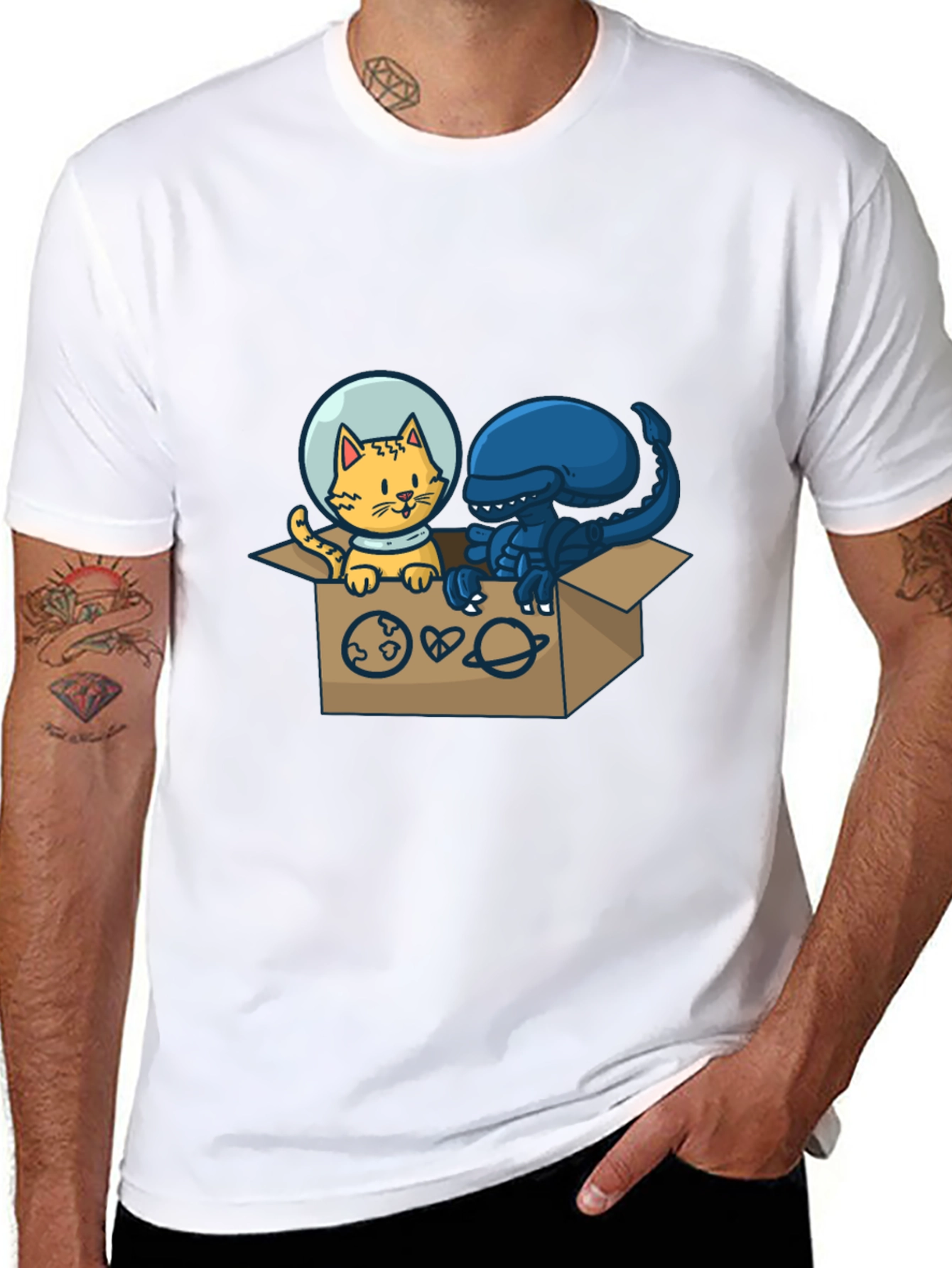 Black Cosmic Critters T-Shirt: Cat & Alien in Space! view 8