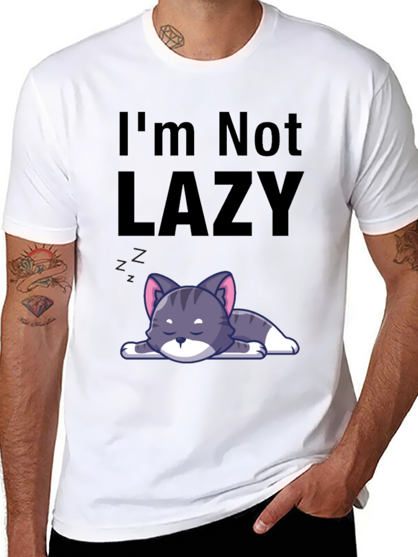 Black I'm Not Lazy Cat T-Shirt - Comfortable Cotton Blend view 8