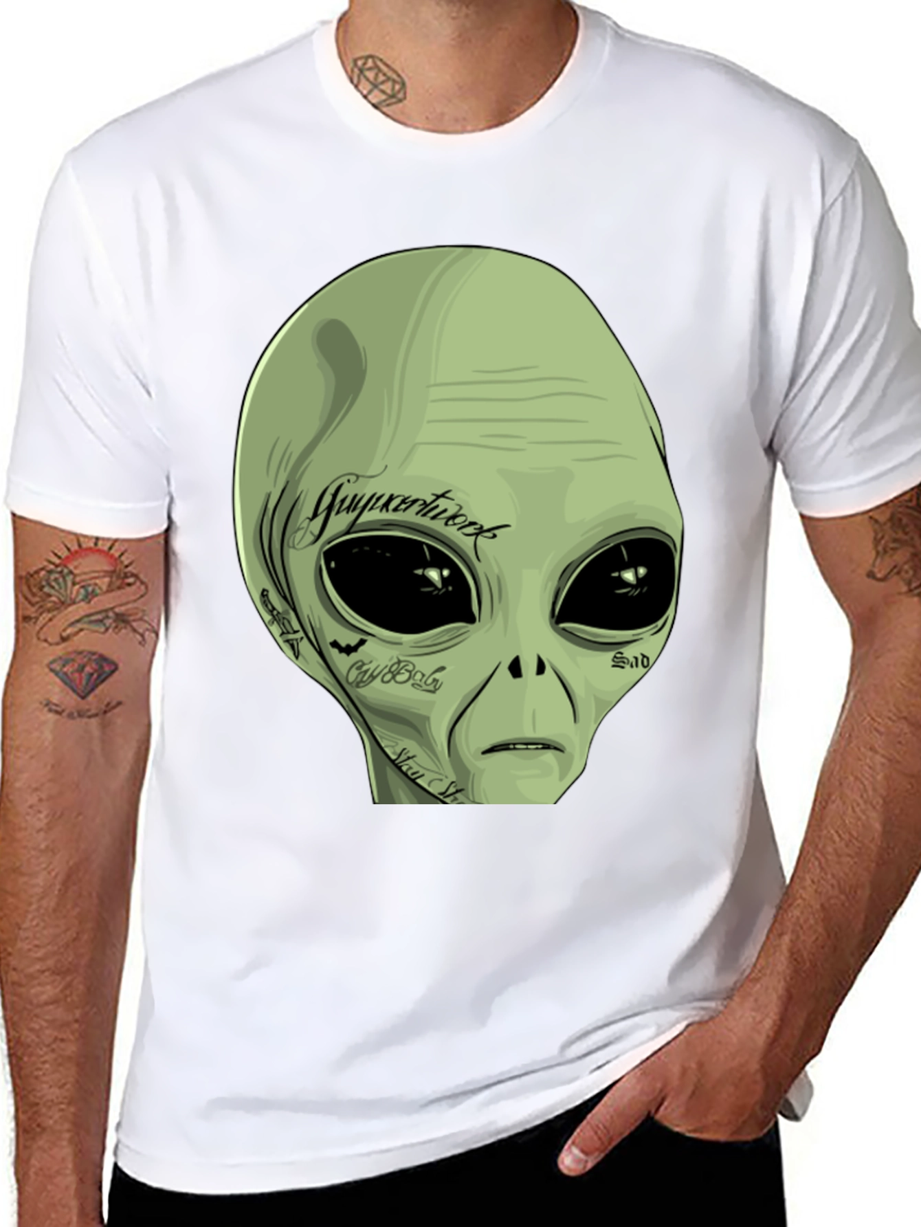 Black Tattooed Alien Graphic Tee - Black Cotton Casual T-Shirt view 8