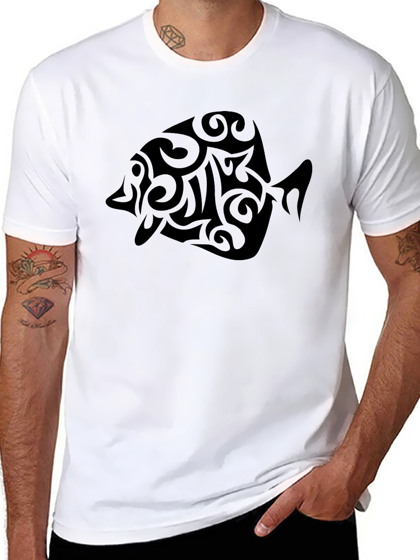 Black Tribal Fish Graphic Tee - Men's Black T-Shirt view 8