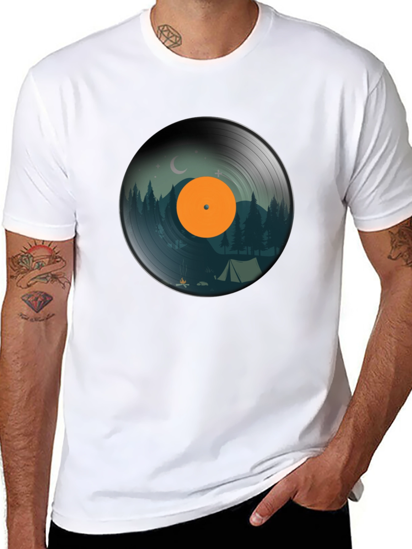 Black Camping Vinyl Record Graphic Tee - Nature Lover Shirt view 8