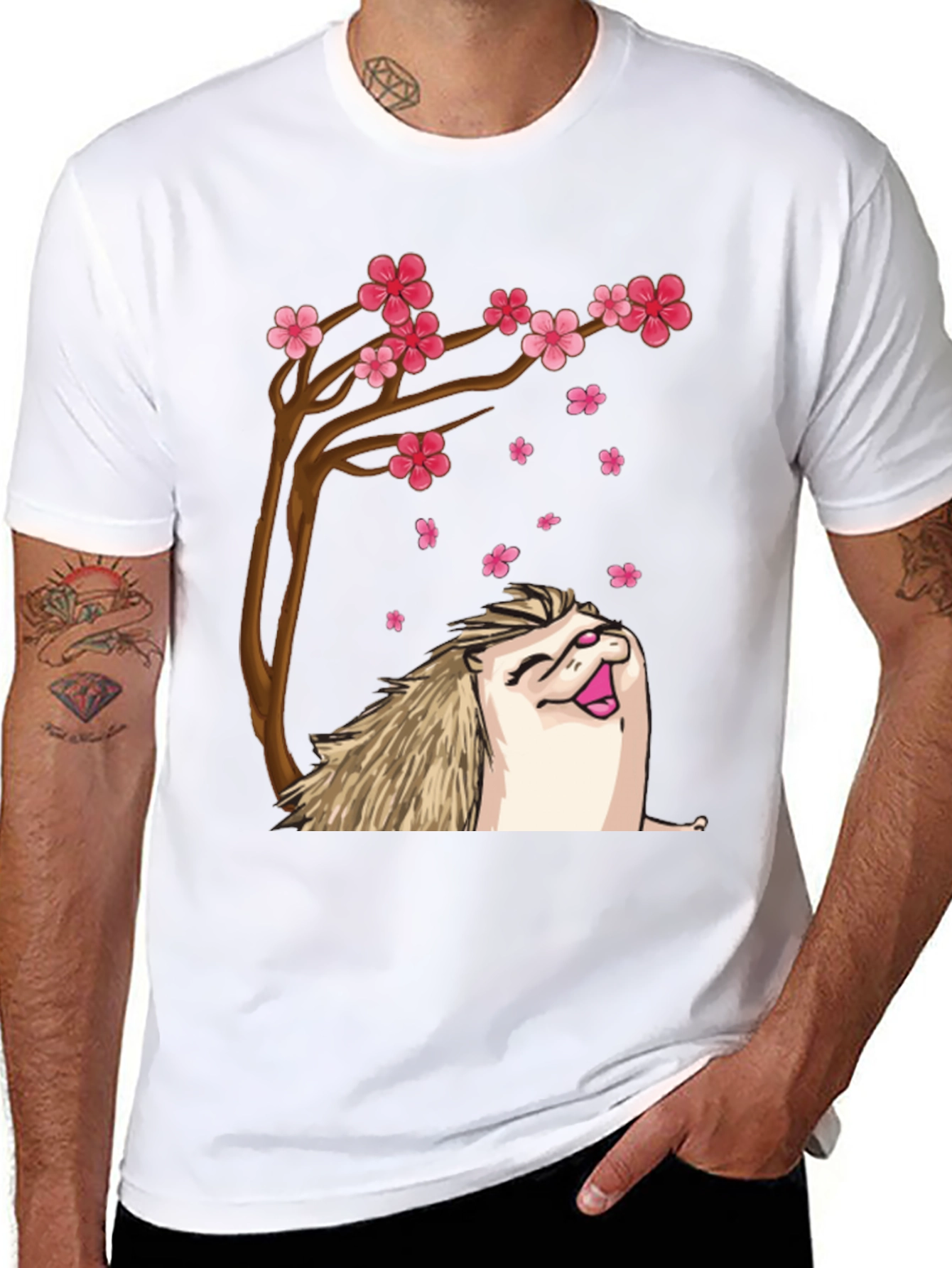 Black Hedgehog Sakura Tree Black T-Shirt view 8