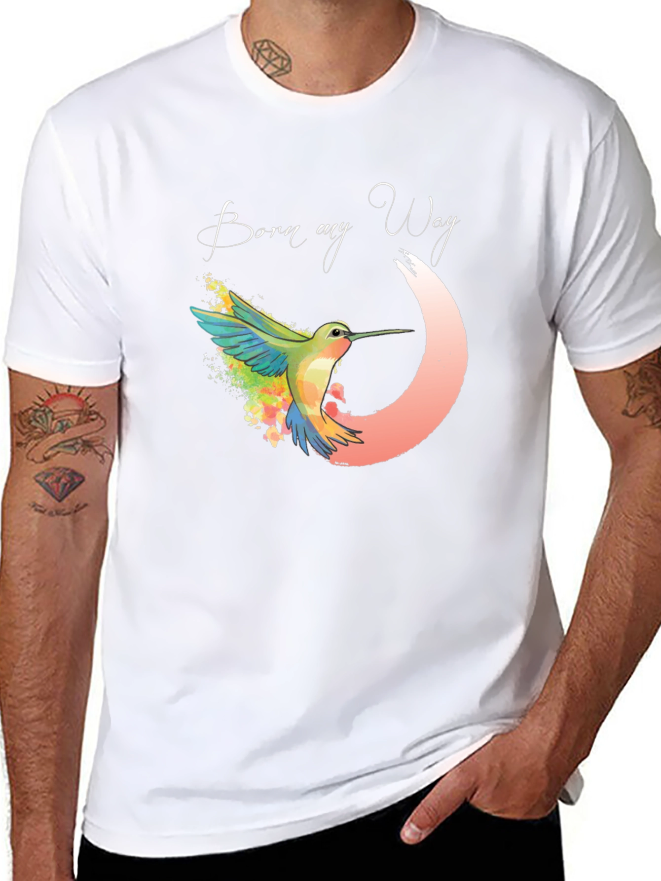 Black Born My Way T-Shirt - Watercolor Hummingbird Tee view 8