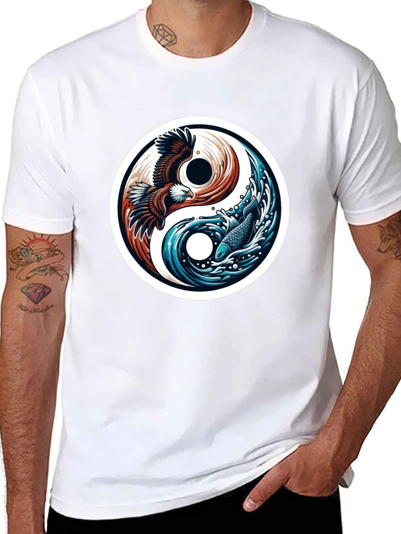 Black Yin Yang Eagle Fish Graphic Tee - Harmony & Style view 8