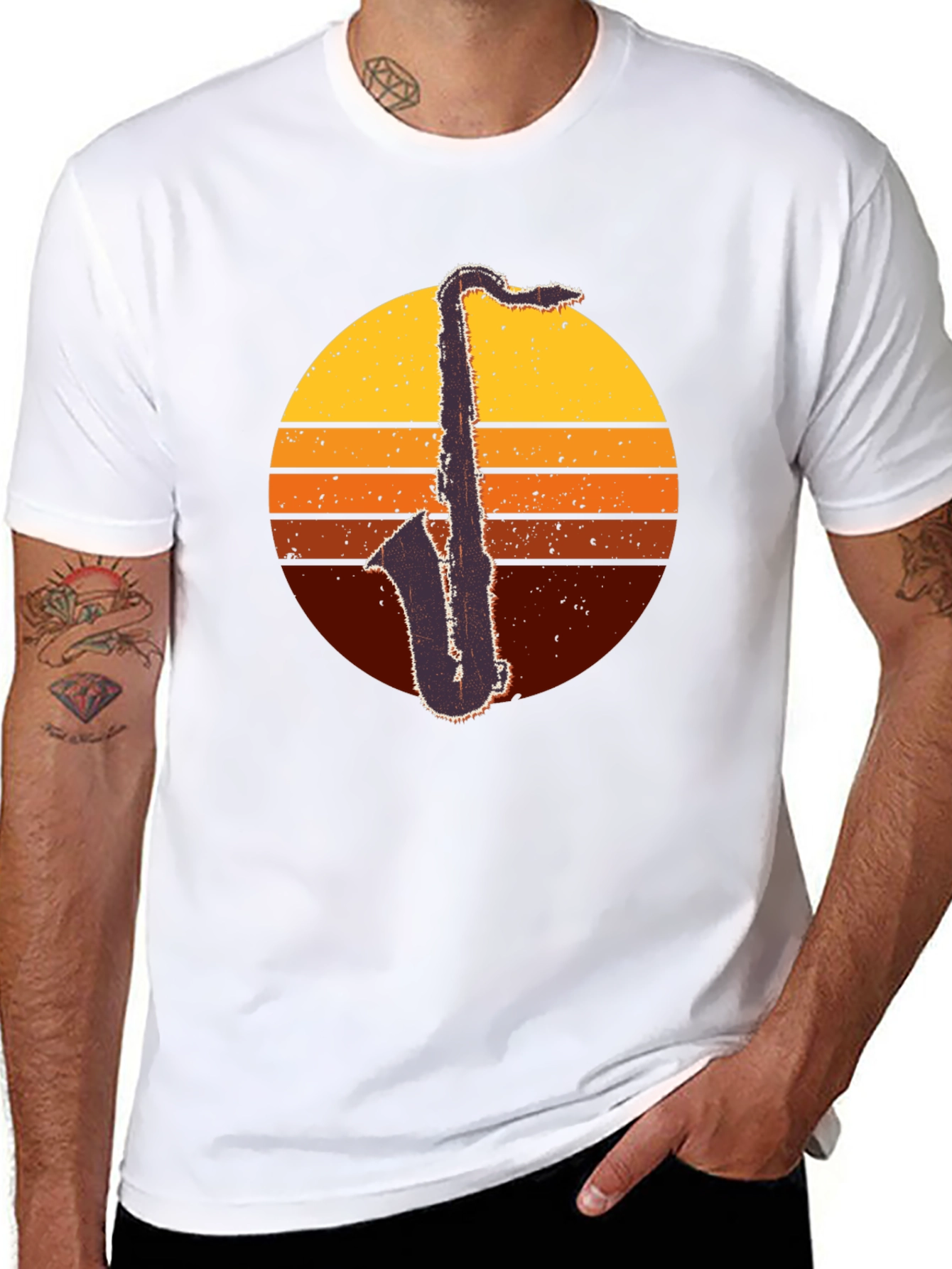 Black Retro Saxophone Sunset T-Shirt - Classic Cool view 8