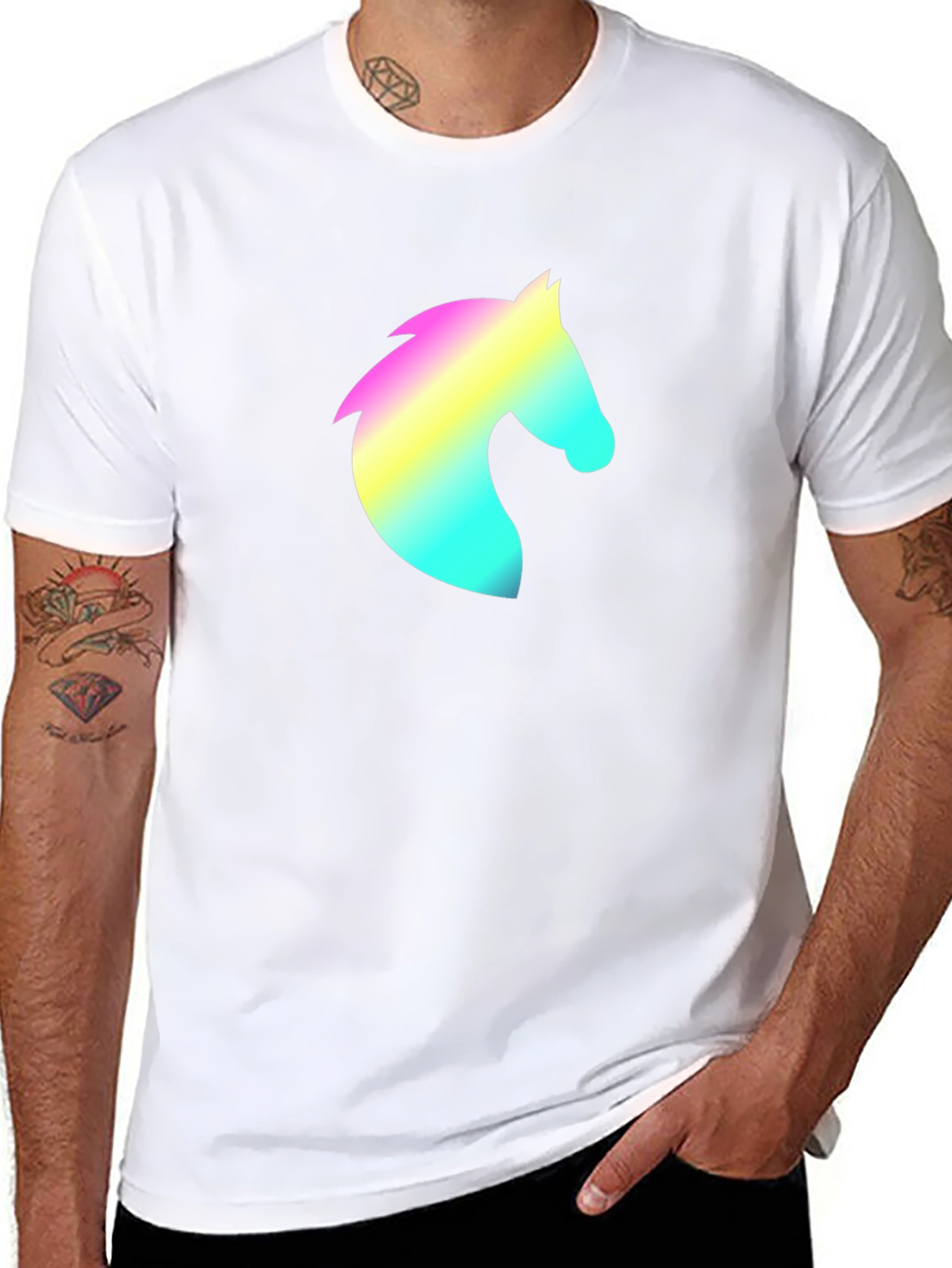 Black Men's Black T-Shirt with Rainbow Horse Head Design view 8