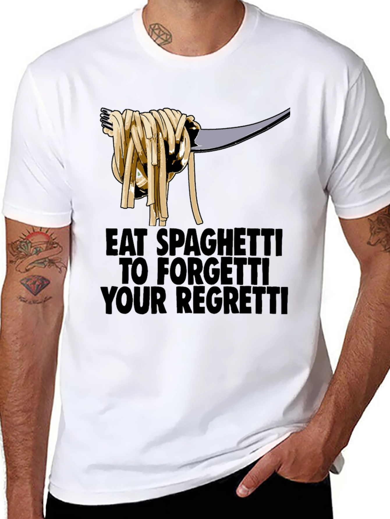 Black Eat Spaghetti To Forgetti Your Regretti T-Shirt view 8