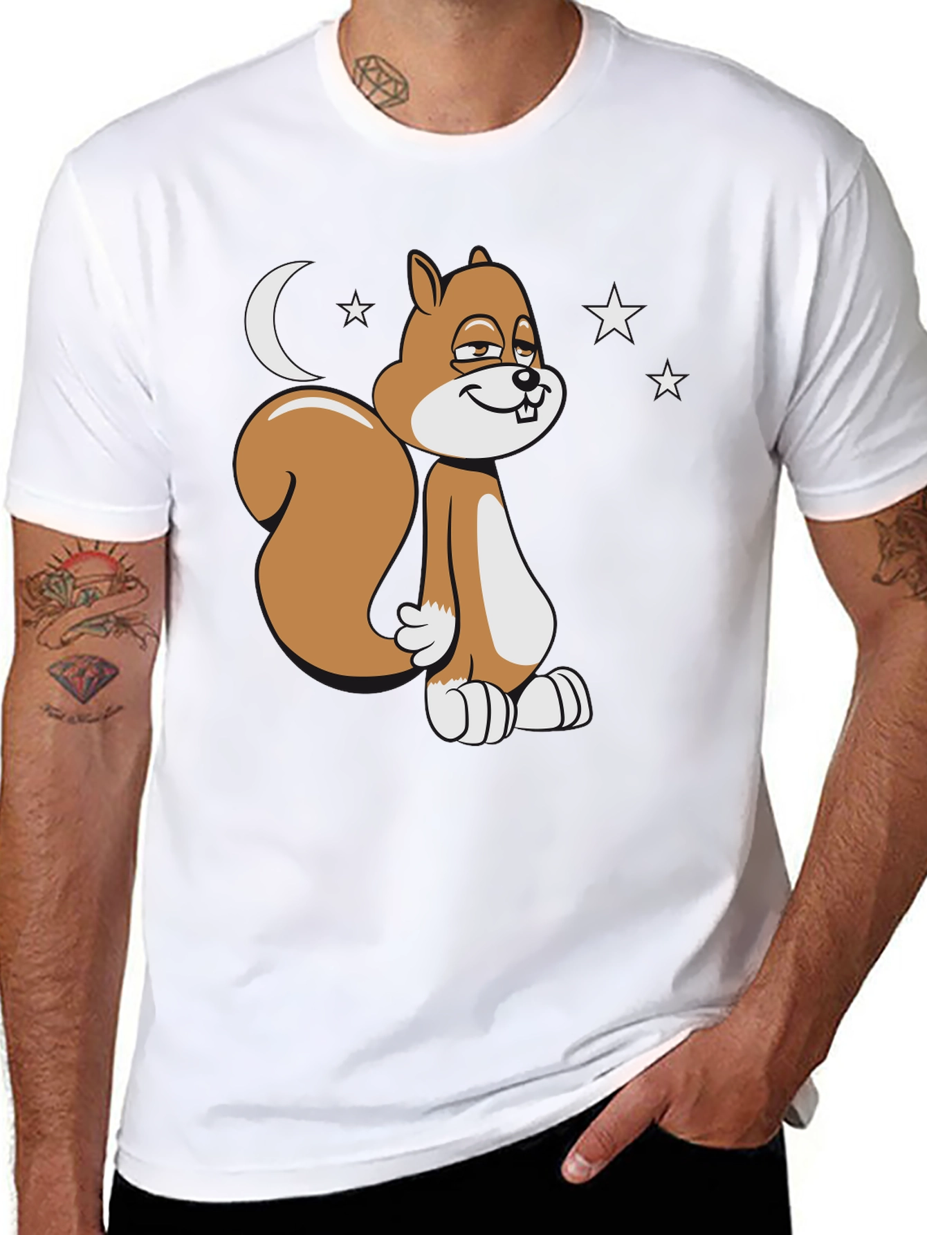 Black Funny Squirrel Moon Stars Graphic T-Shirt view 8