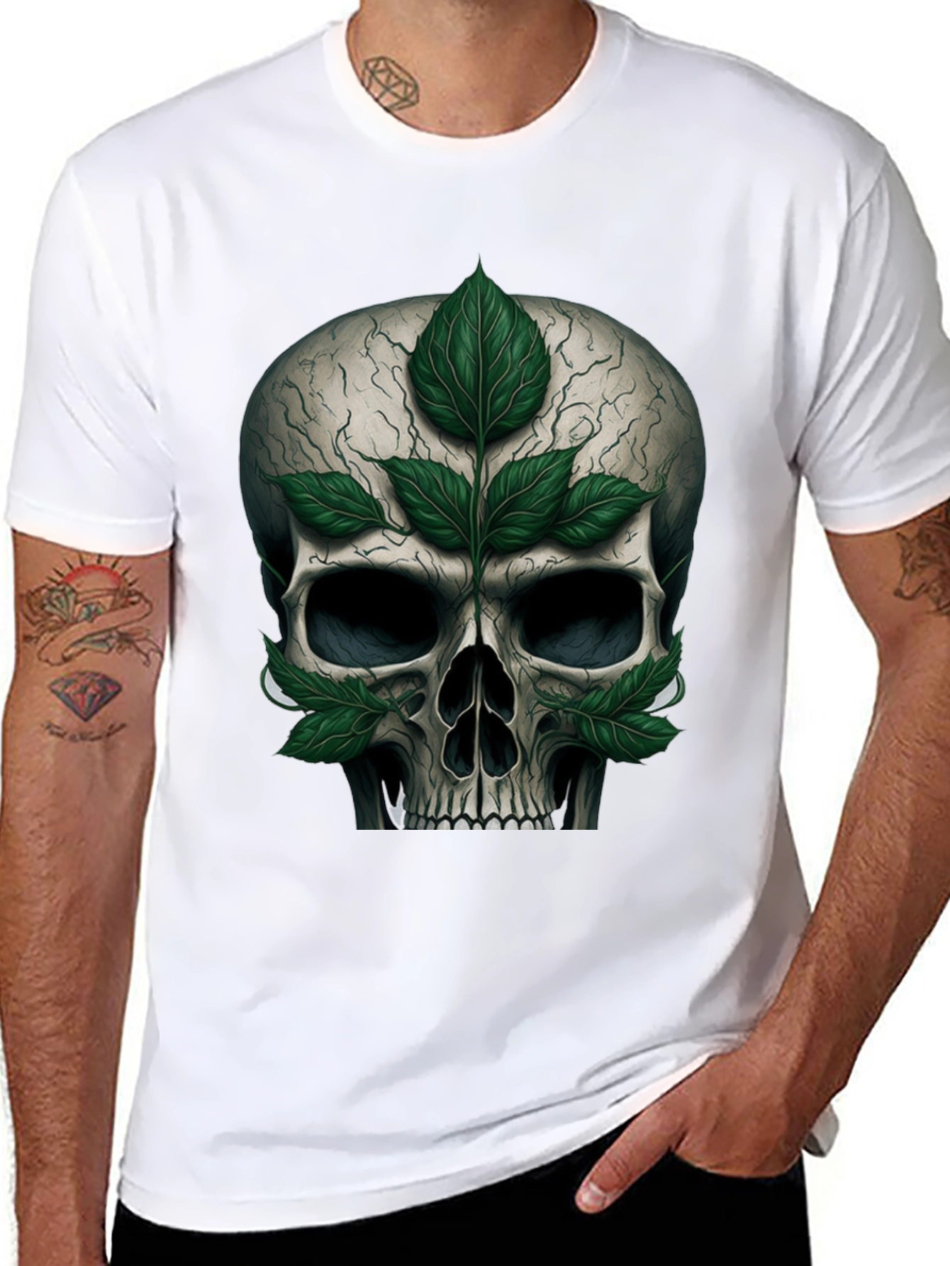 Black Skull & Leaves Graphic T-Shirt view 8