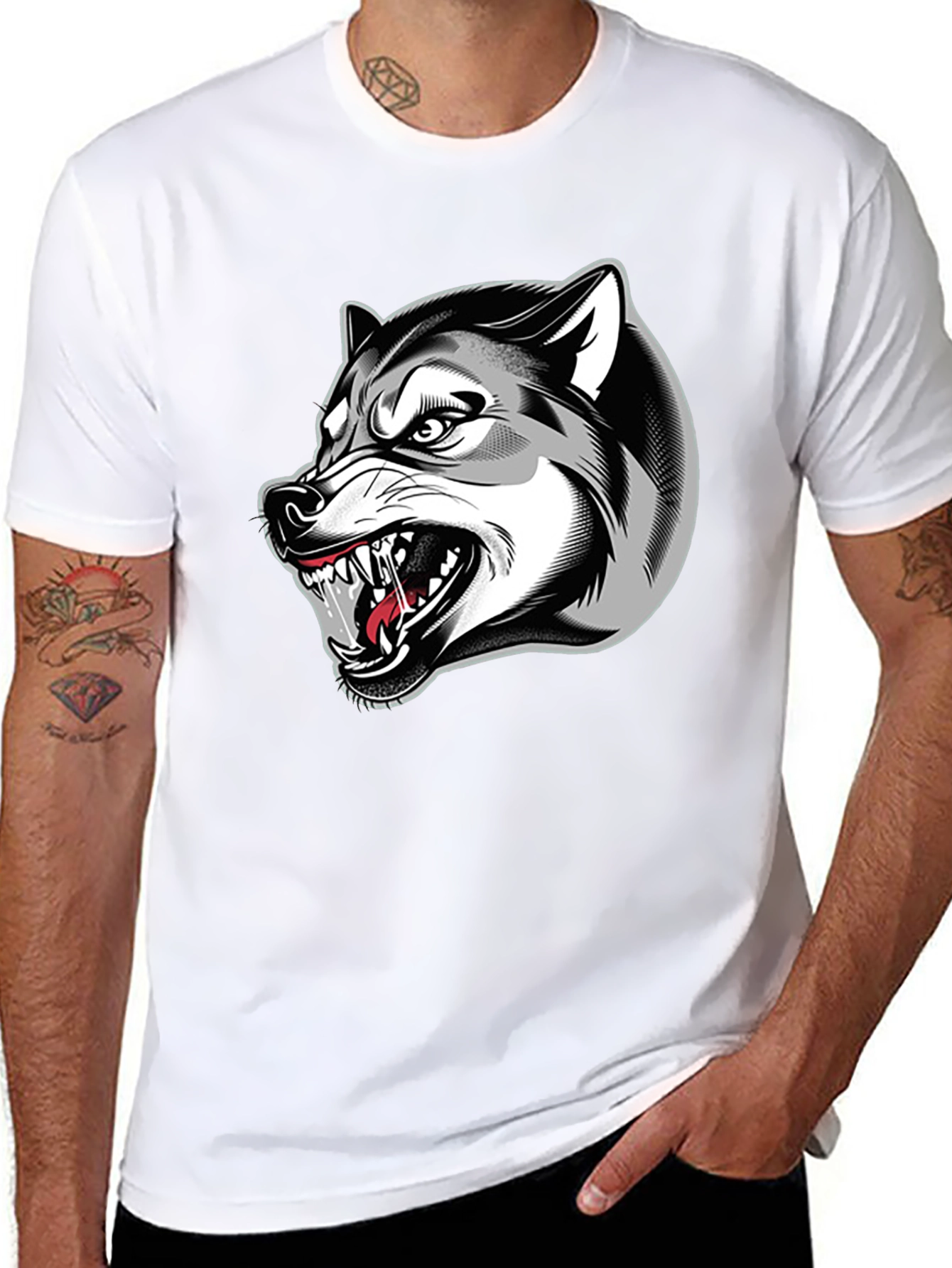 Black Men's Black Graphic T-Shirt - Fierce Wolf Design view 8