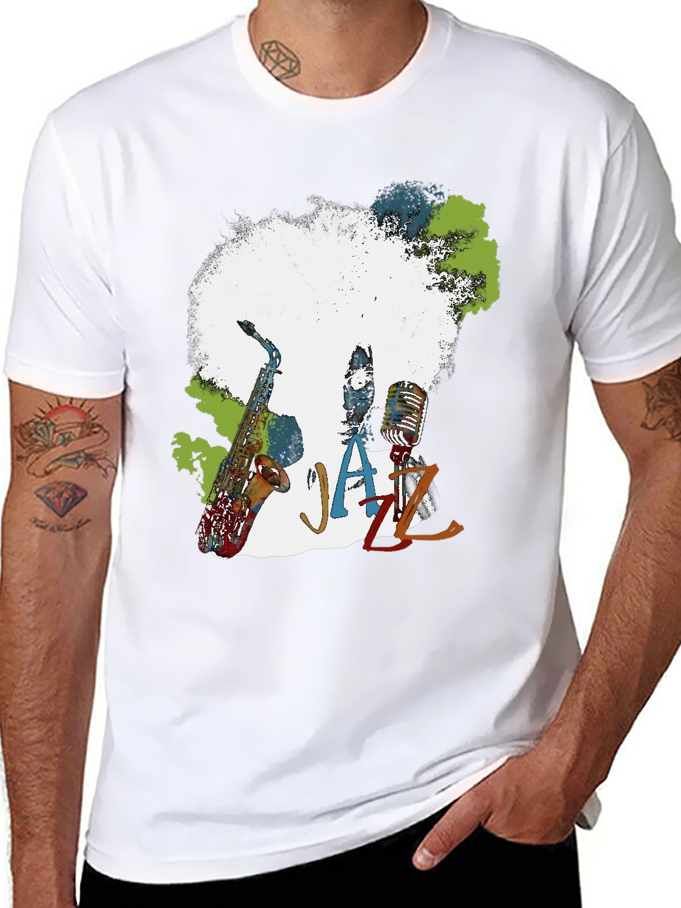 Black Jazz Music T-Shirt - Afro Saxophone Microphone view 8