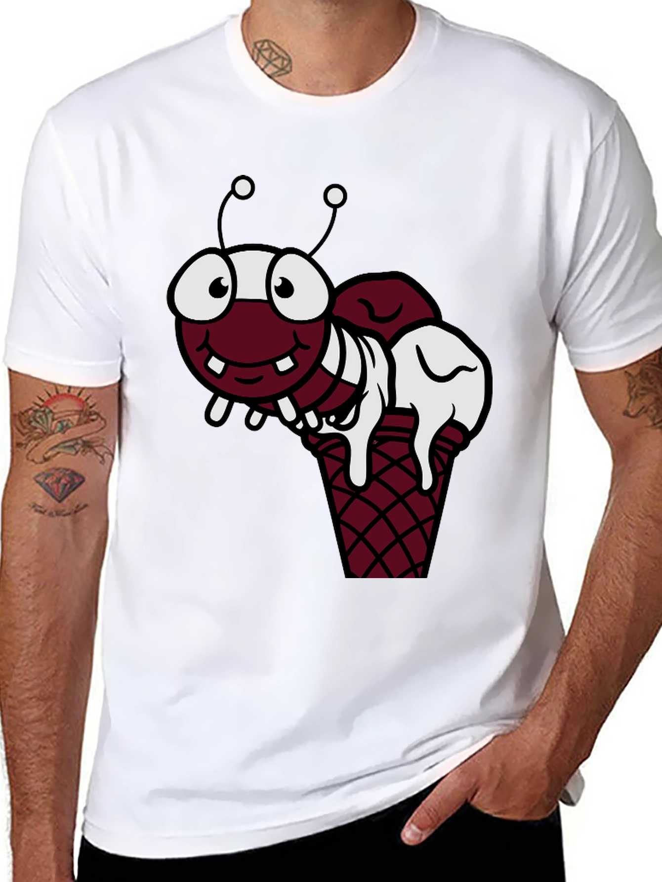Black Funny Cartoon Ant Ice Cream Cone Black T-Shirt view 8