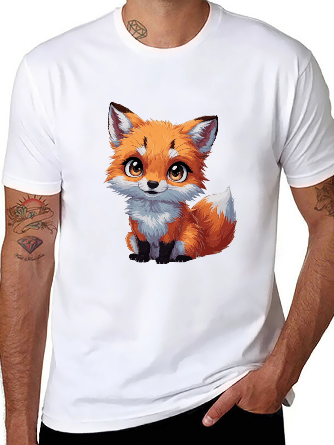 Black Cute Fox Graphic Tee - Black Cotton T-Shirt view 8