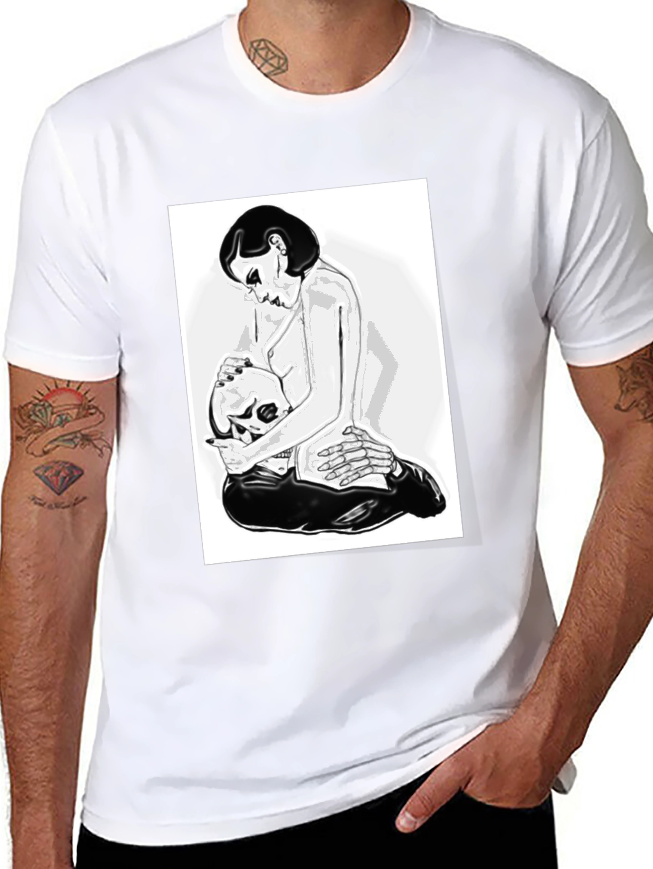 Black Graphic T-Shirt - Woman and Skull Design view 8