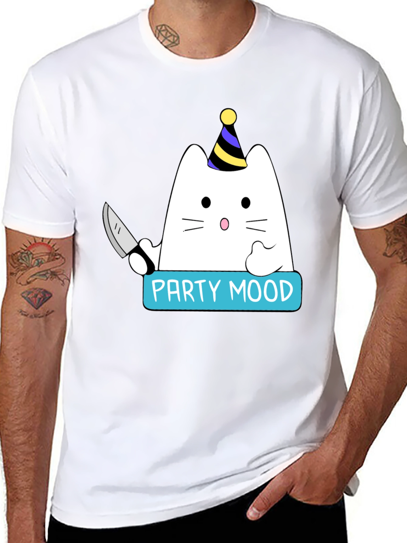Black Party Mood Cat T-Shirt - Funny Graphic Tee view 8