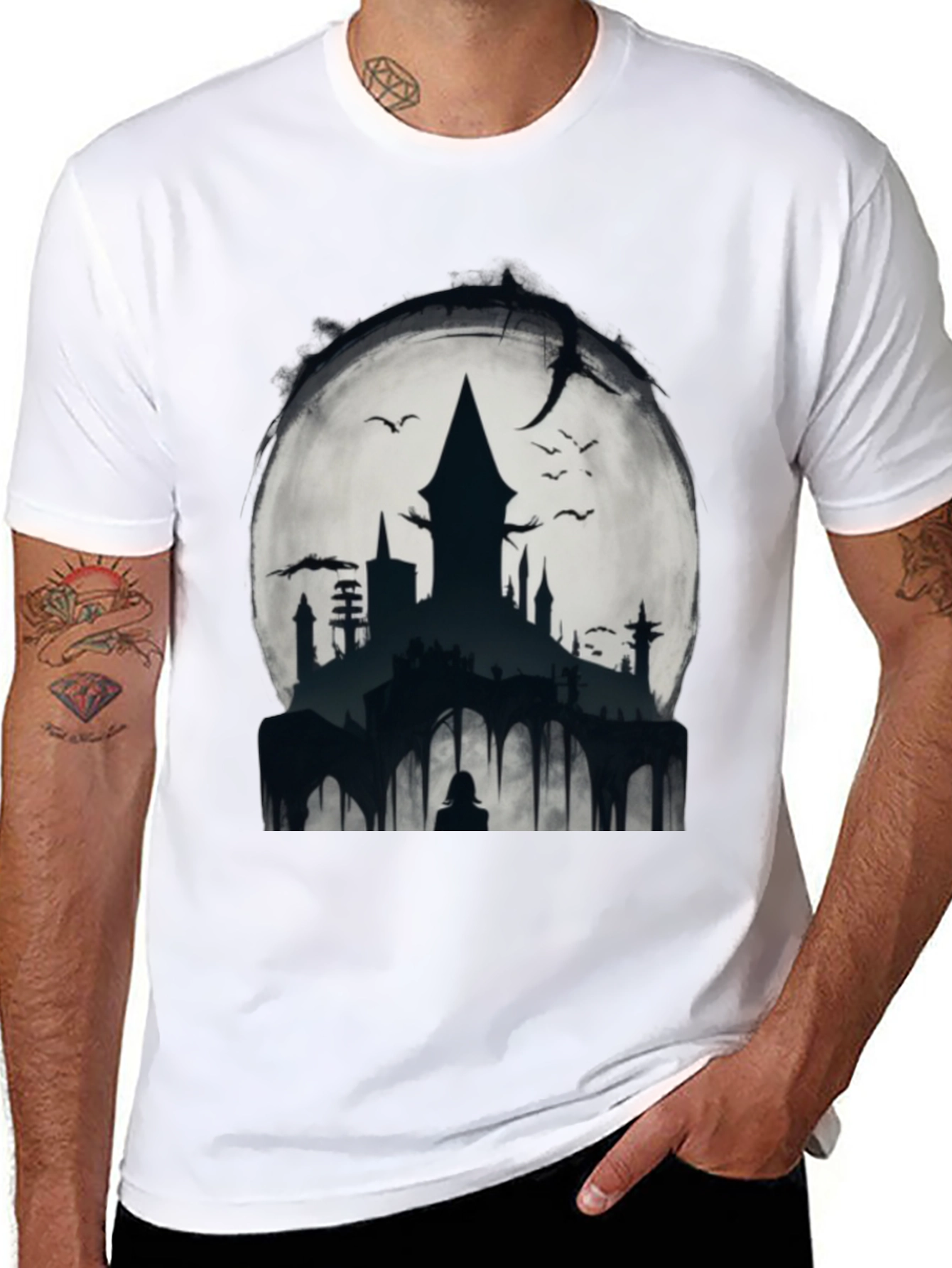 Black Moonlit Castle Graphic Tee - Gothic Style Shirt view 8