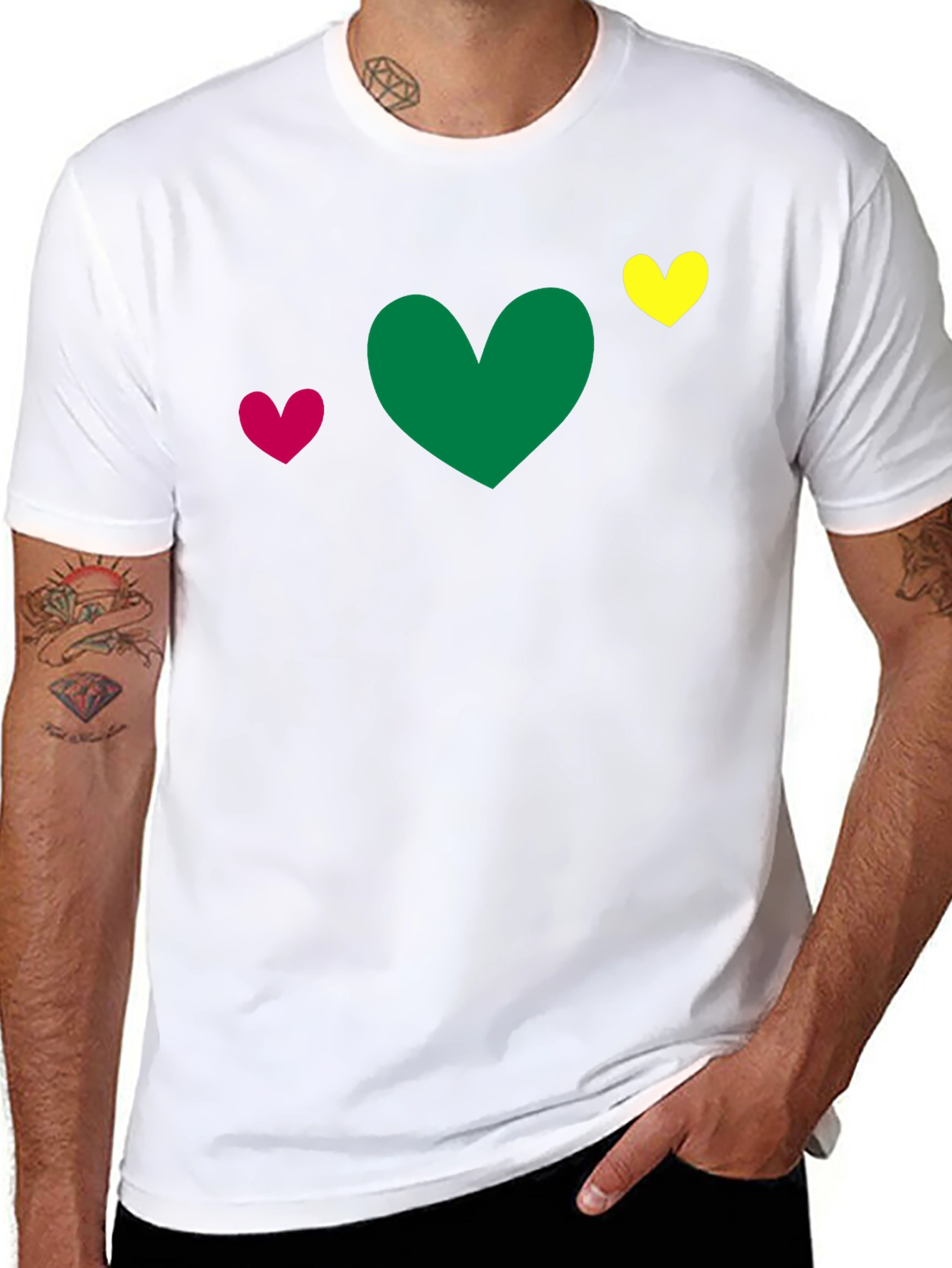 Black Heart Trio T-Shirt - Green, Pink, Yellow Hearts view 8