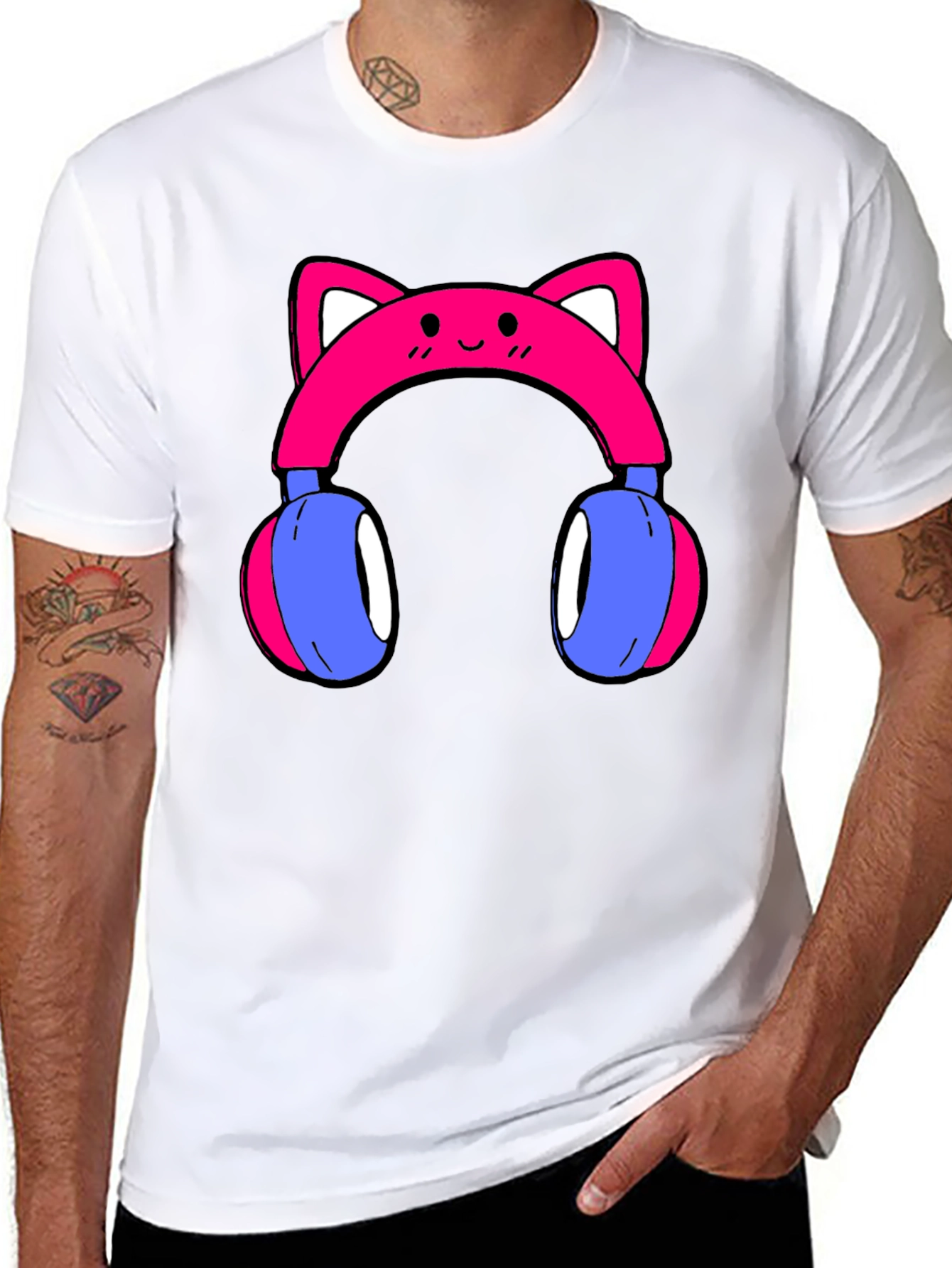 Black Cute Cat Ear Headphones Graphic Tee - Black view 8