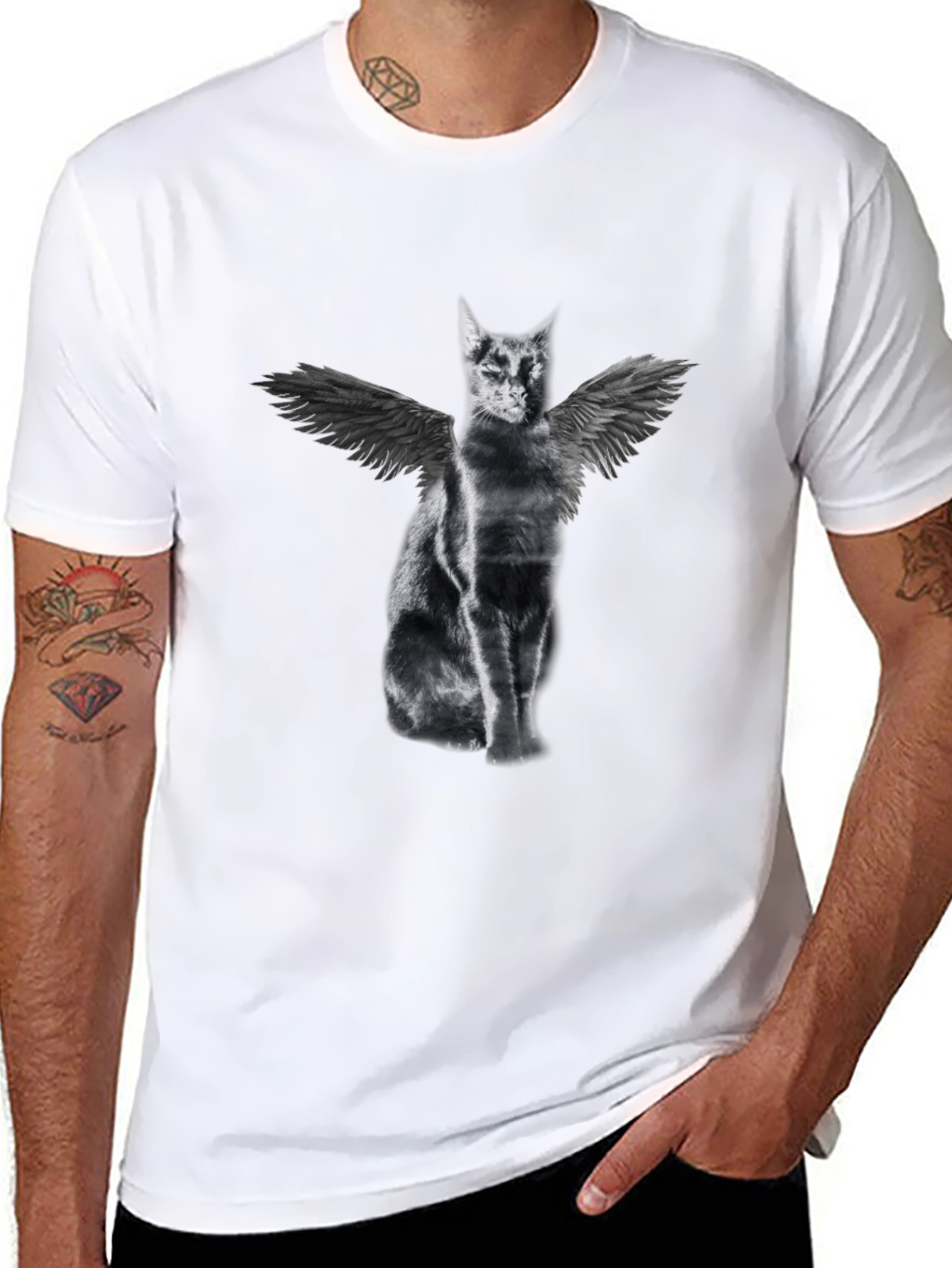 Black Winged Cat Graphic Tee - Black Cotton T-Shirt view 8