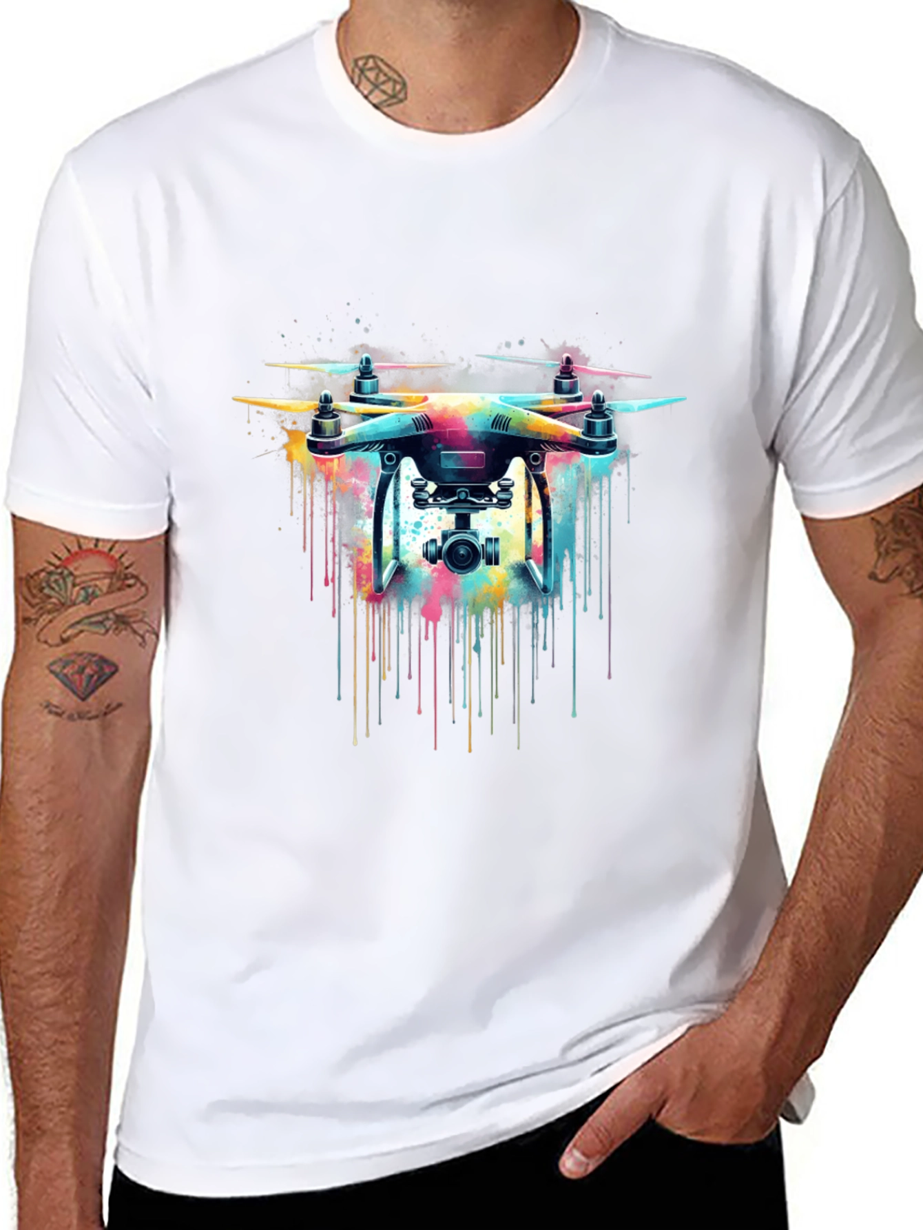 Black Drone Art T-Shirt - Colorful Drone Design Tee view 8
