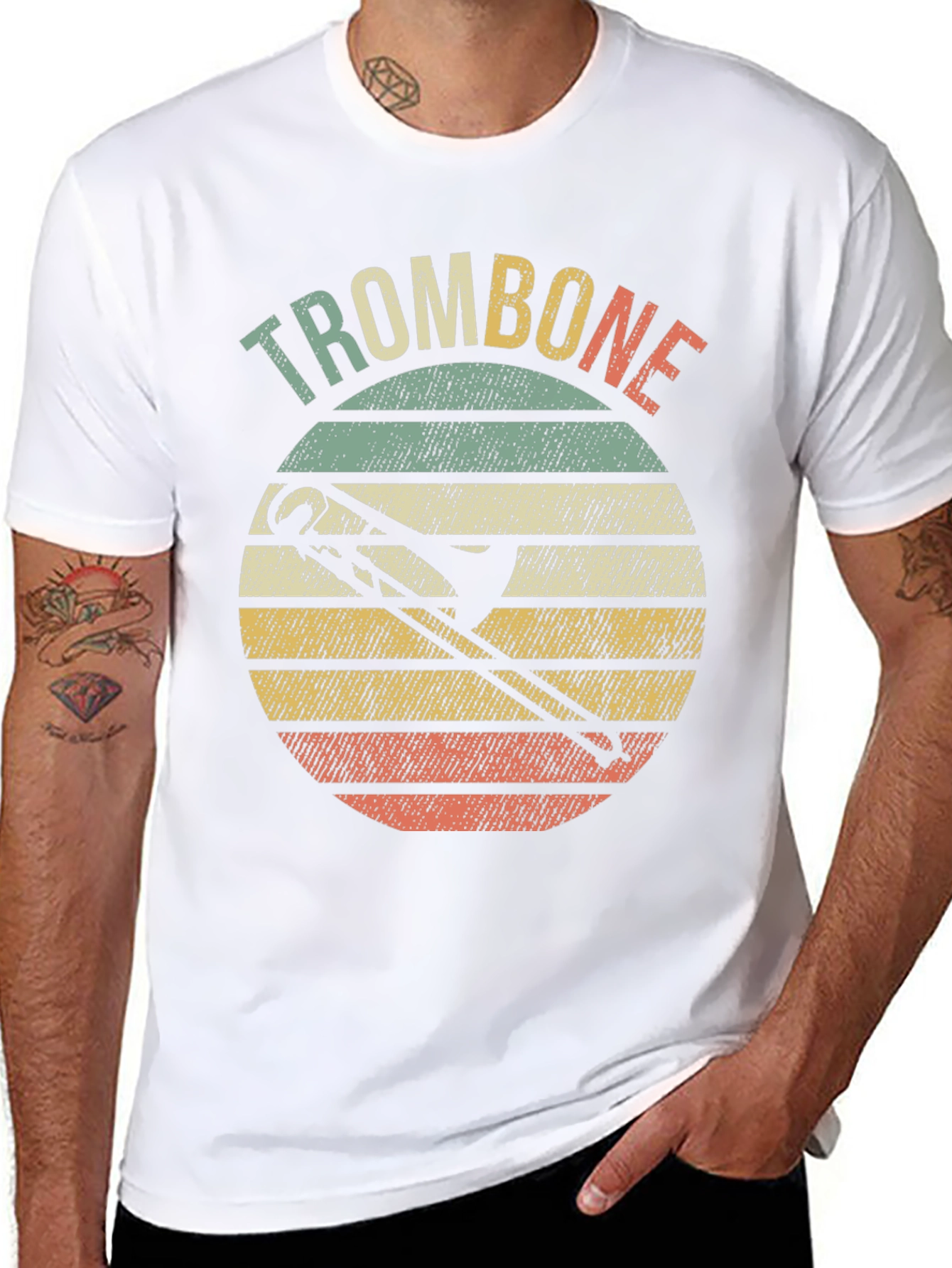 Black Retro Trombone Sunset Music T-Shirt view 8