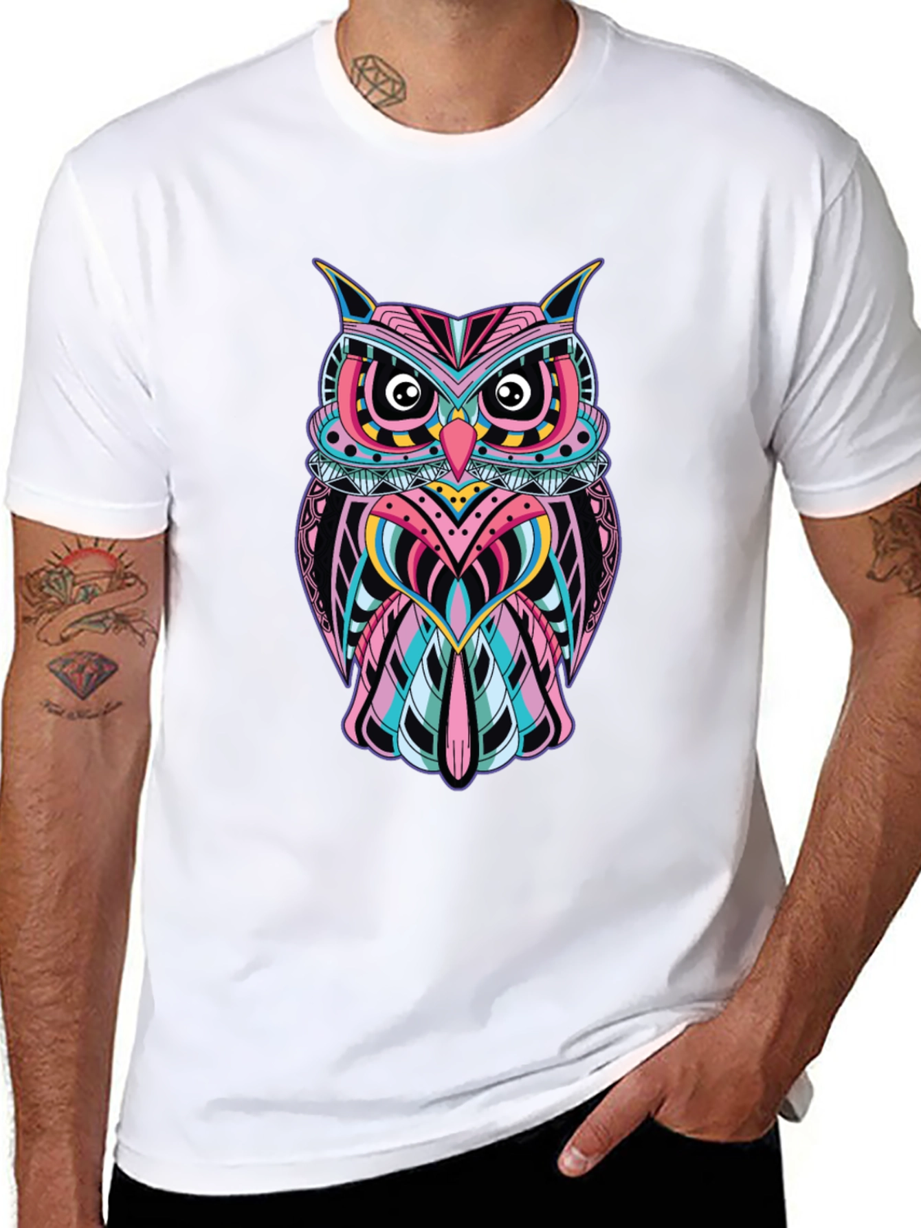 Black Vibrant Owl Graphic Print Black T-Shirt view 8