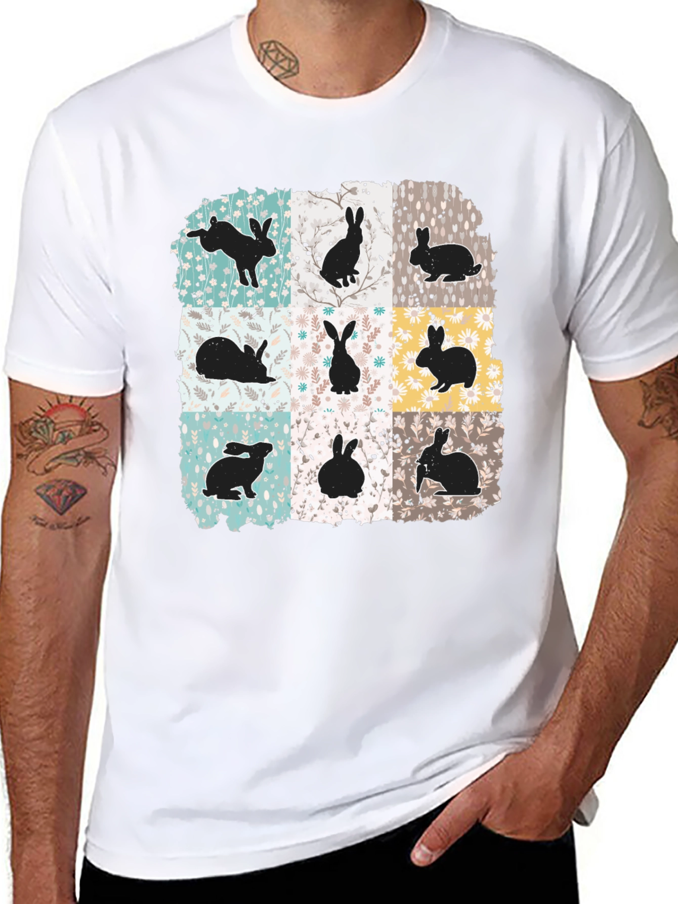 Black Rabbit Print Men's Black T-Shirt view 8