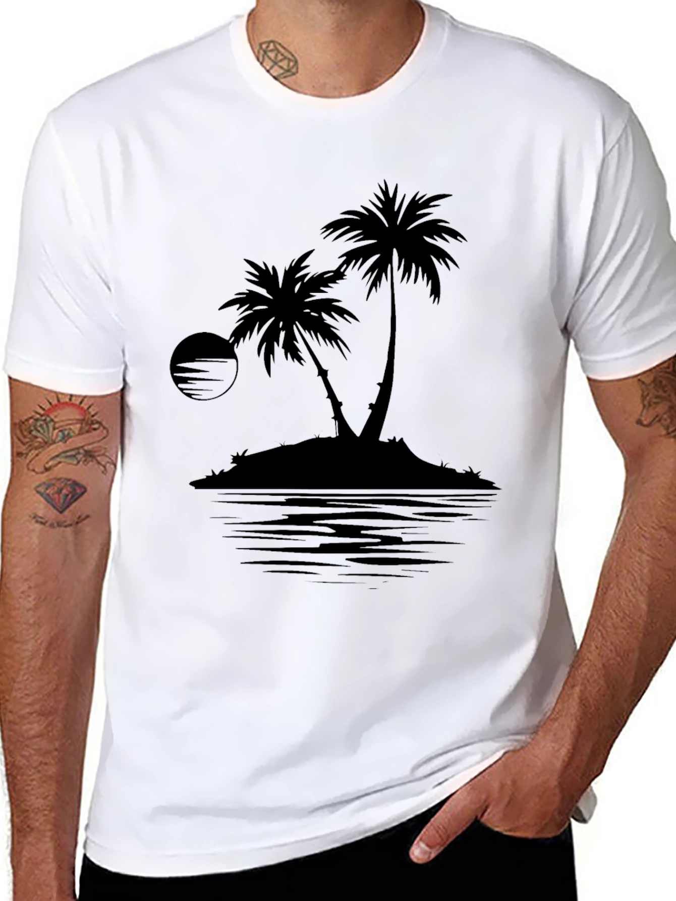 Black Men's Black Palm Tree Island Graphic T-Shirt view 8